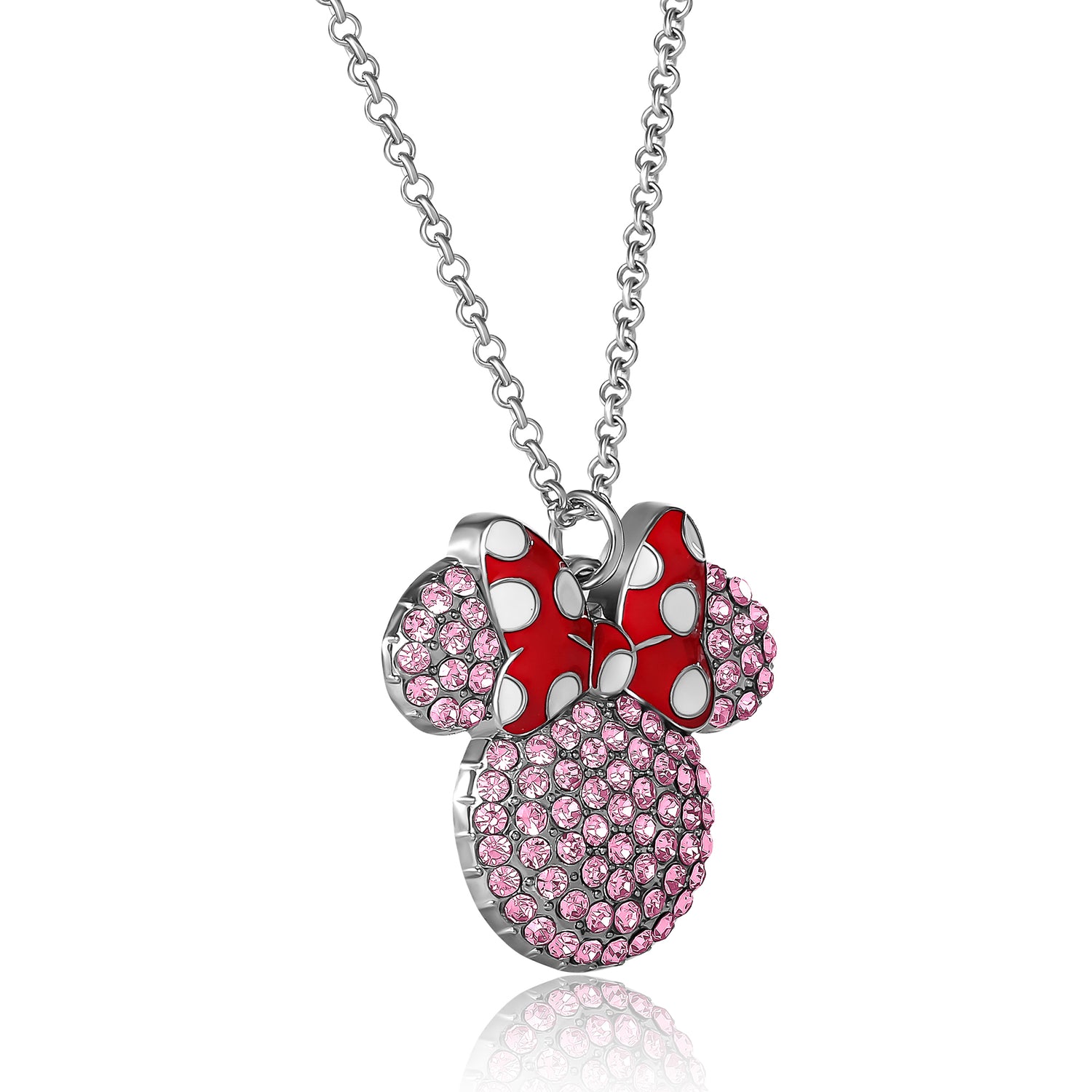 Disney Minnie Mouse Necklace for Women Official License, 16"+3" Pave Pink Crystal Minnie Necklace with Red Bow, Jewelry - Pink