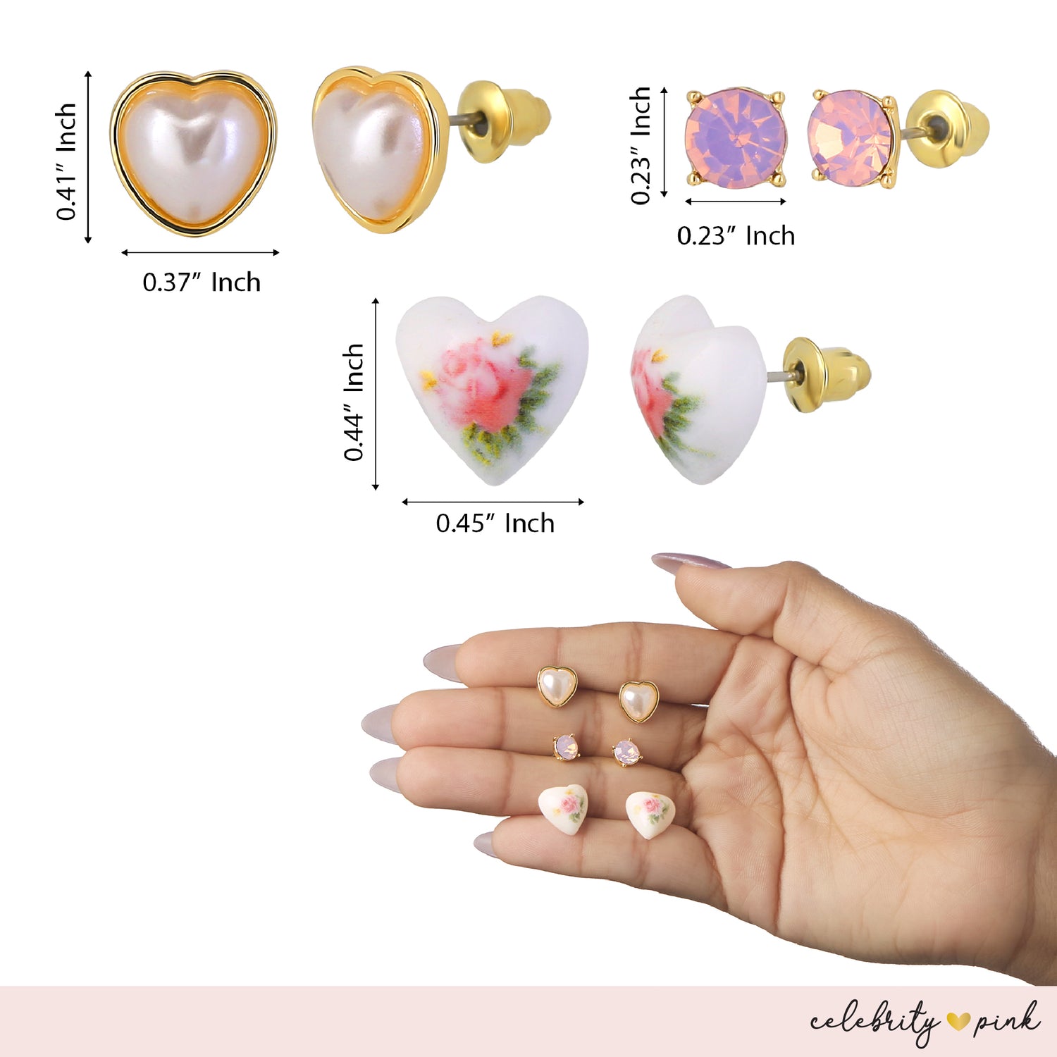 Celebrity Pink Gold-Tone Heart Stud Earrings and Dangle Earrings Pack of 6 | 6-Pack, Gold Studs and Drop Heart Earrings, Feminine Jewelry