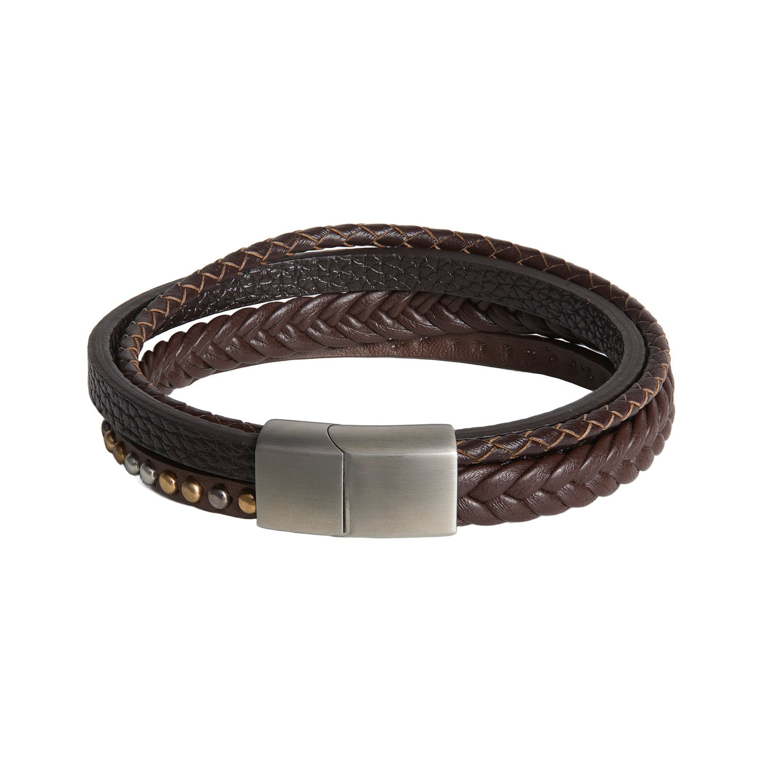 Lucky Brand Stainless Steel and PU Leather Bracelet for Men, Multistrand - 8.5''