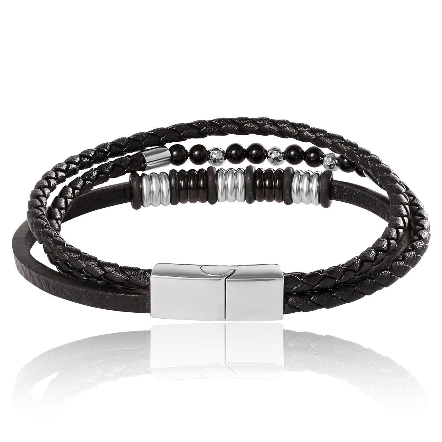 Lucky Brand Stainless Steel Triple Row Black Cord Bracelet - 8.25"
