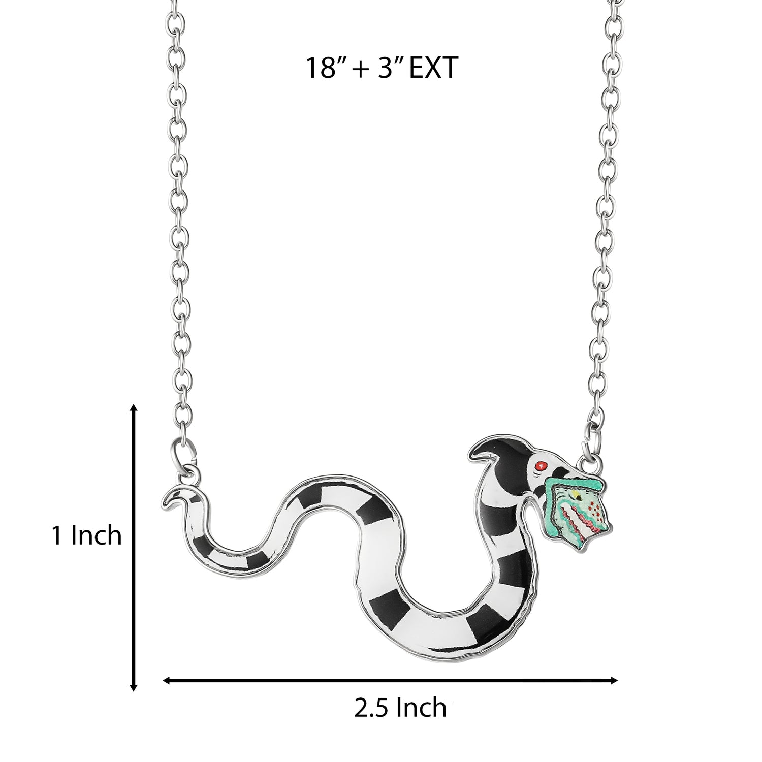SALLY ROSE Beetlejuice Sandworm Pendant Necklace for Women Official License, 18"+3" Silver Tone and Enamel Beetlejuice Jewelry
