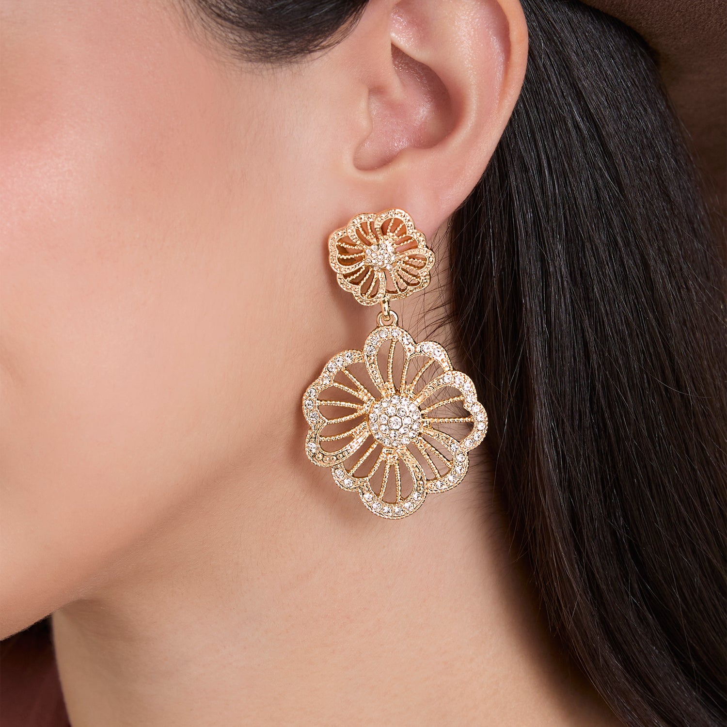 JS Jessica Simpson Gold-Tone Floral Drop Earrings with Pave Crystal Accents