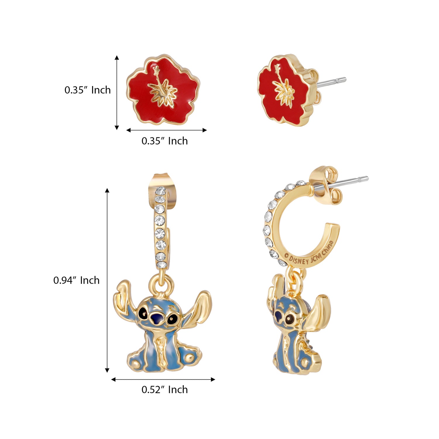 Disney Stitch Earrings 2-Pack, Hibiscus Studs and Stitch Charm Huggie Hoops