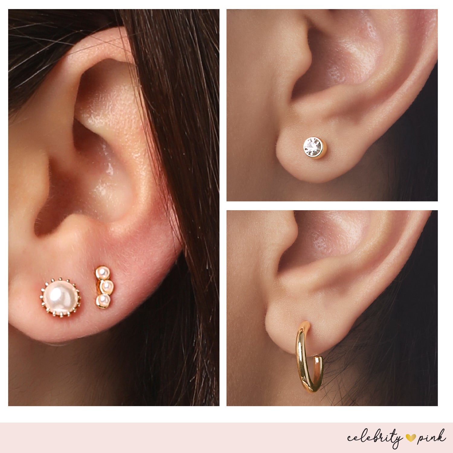 Celebrity Pink Embellished Gold-Tone Hoops and Stud Earrings Pack of 6 | 6-Pack, Small Hoops and Stud Earrings with Pearl and Rhinestone Accents