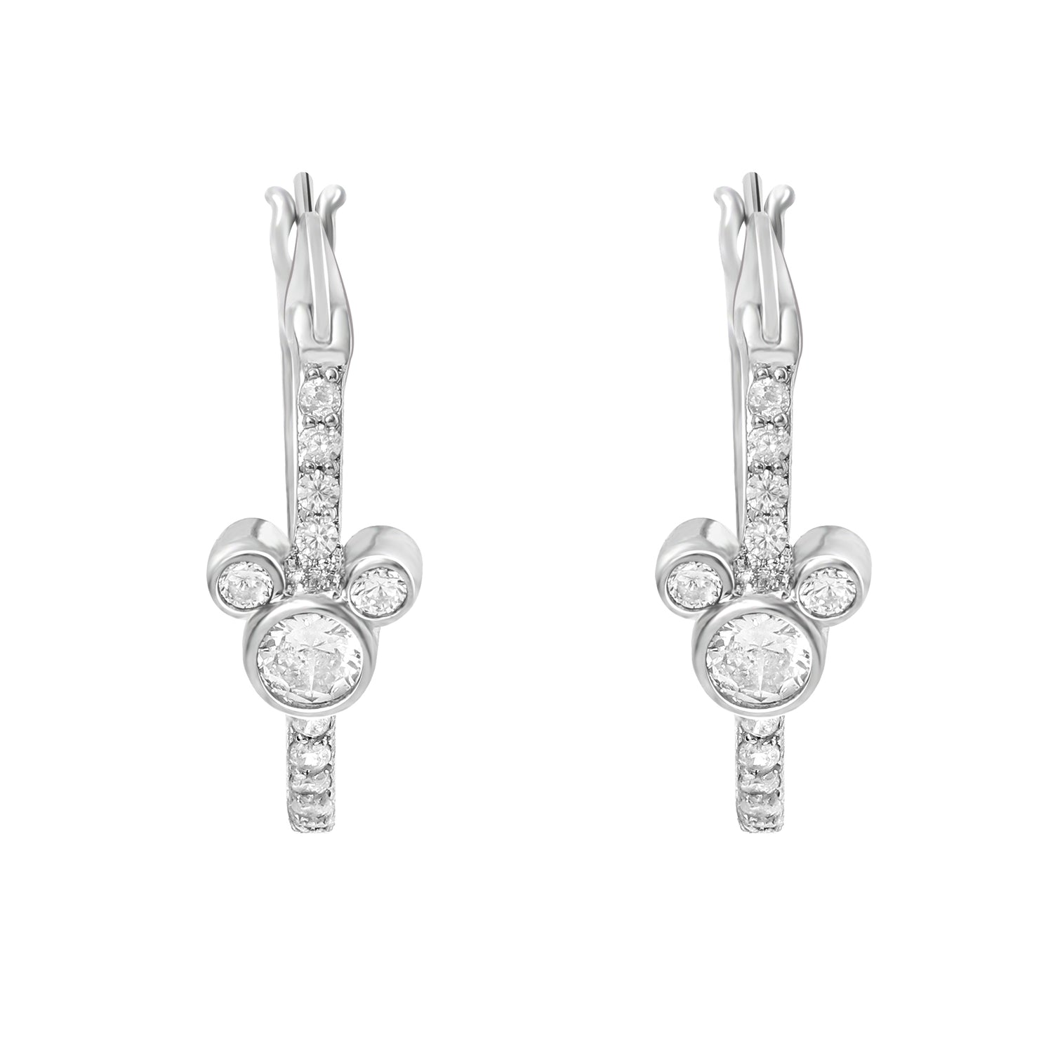 Disney Mickey Mouse Earrings Cubic Zirconia, Silver Flash-Plated Hoops