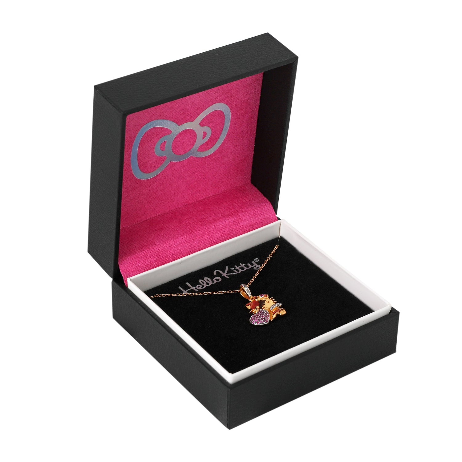 Hello Kitty Heart Pendant Necklace 18", Two-Tone Plated Sterling Silver with Created Pink & White Sapphire, Official License