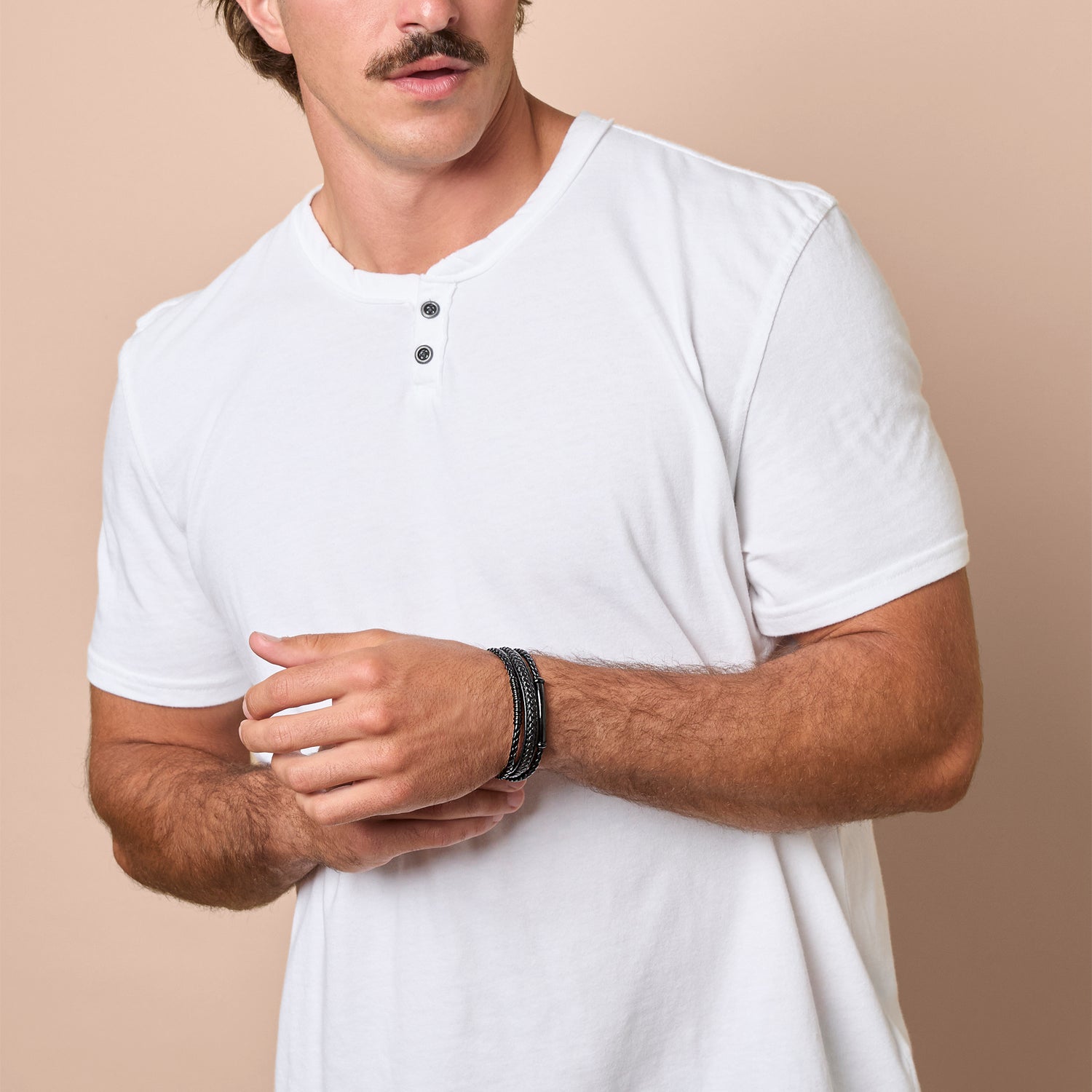 Lucky Brand Stainless Steel Triple Row Black Cord Bracelet - 8.25" - IP Black-Plated Finish