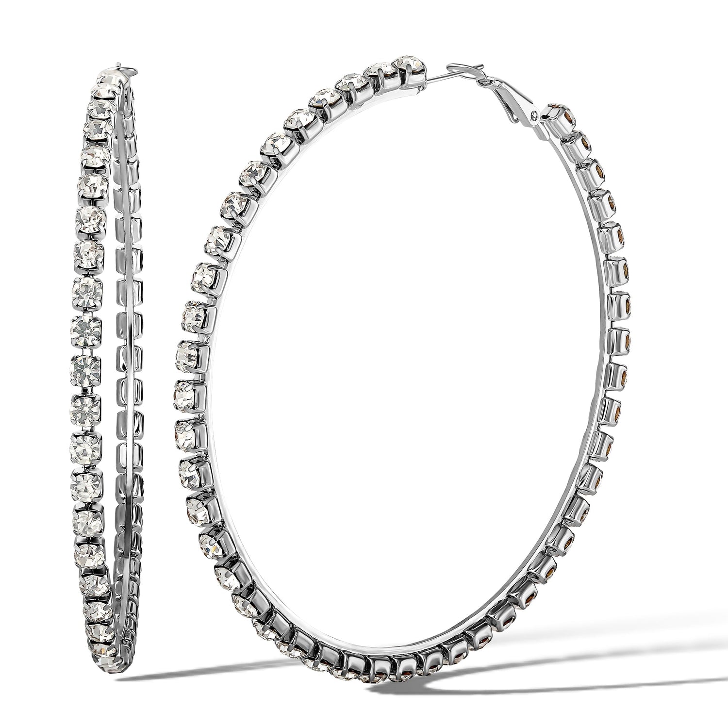 Jessica Simpson Women's Large Hoop Earrings with Crystal Embellishments, Thin Hoop Earrings for Women, Silver Hoops