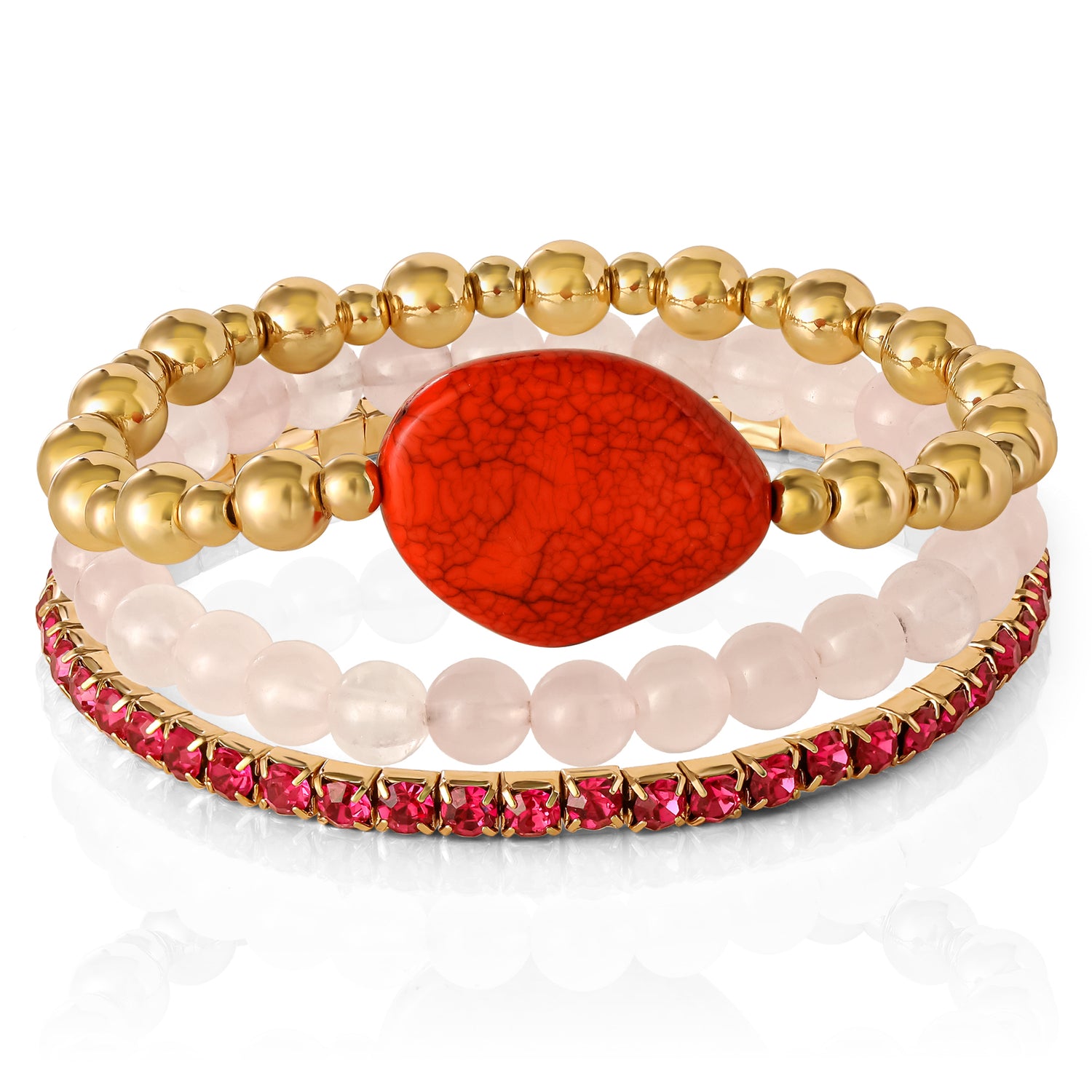 Jessica Simpson 3-Piece Beaded Stretch Bracelet Set - Gemstone & Gold-Tone Accents - Red