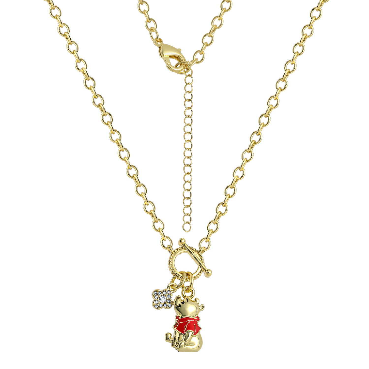 Winnie the Pooh Charm Necklace for Women, 18k Gold Flash Plate, 18"+2"