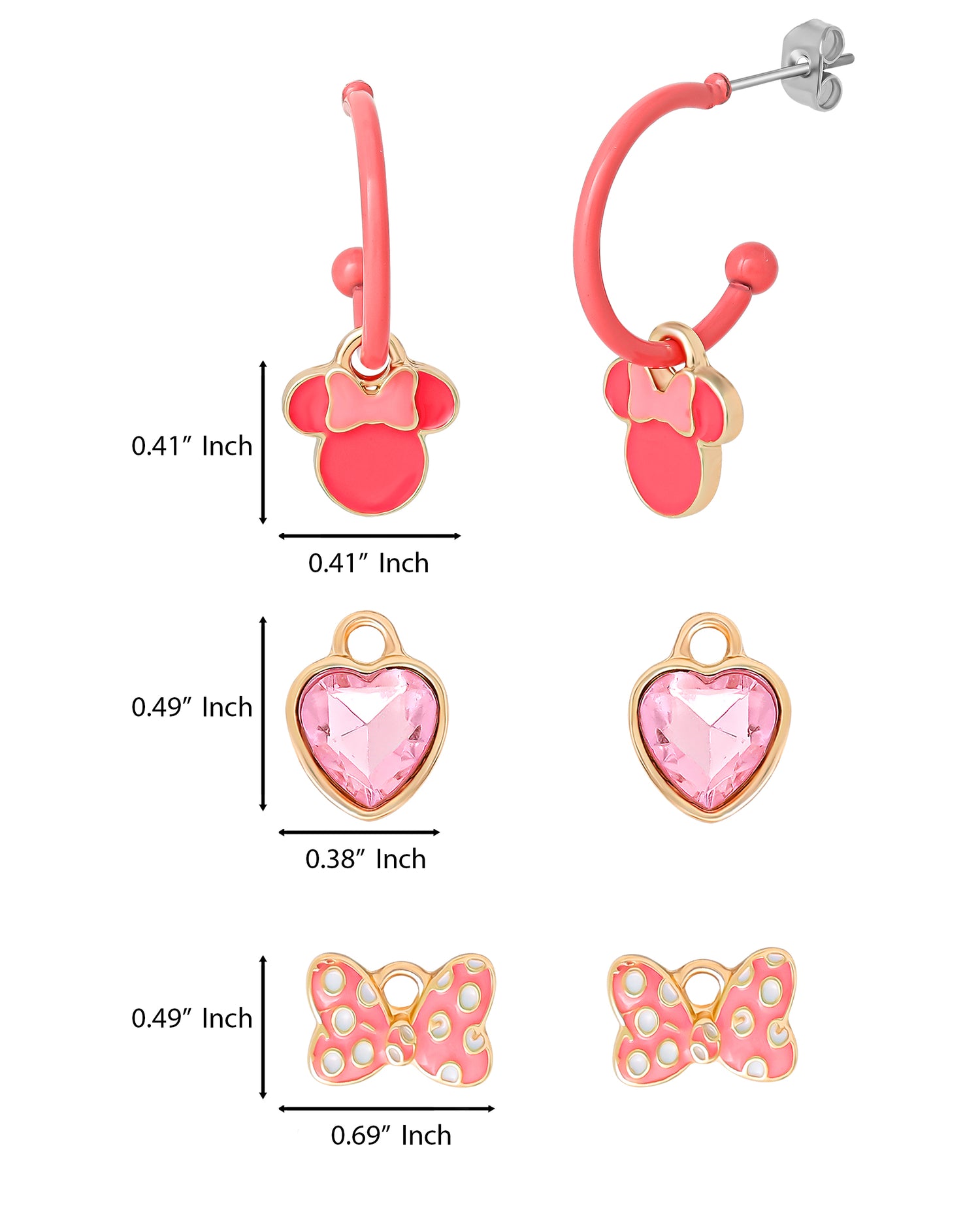 Disney Minnie Mouse Pink Bow Charm Hoop Earring Set, 3 Charms and 1 Hoop