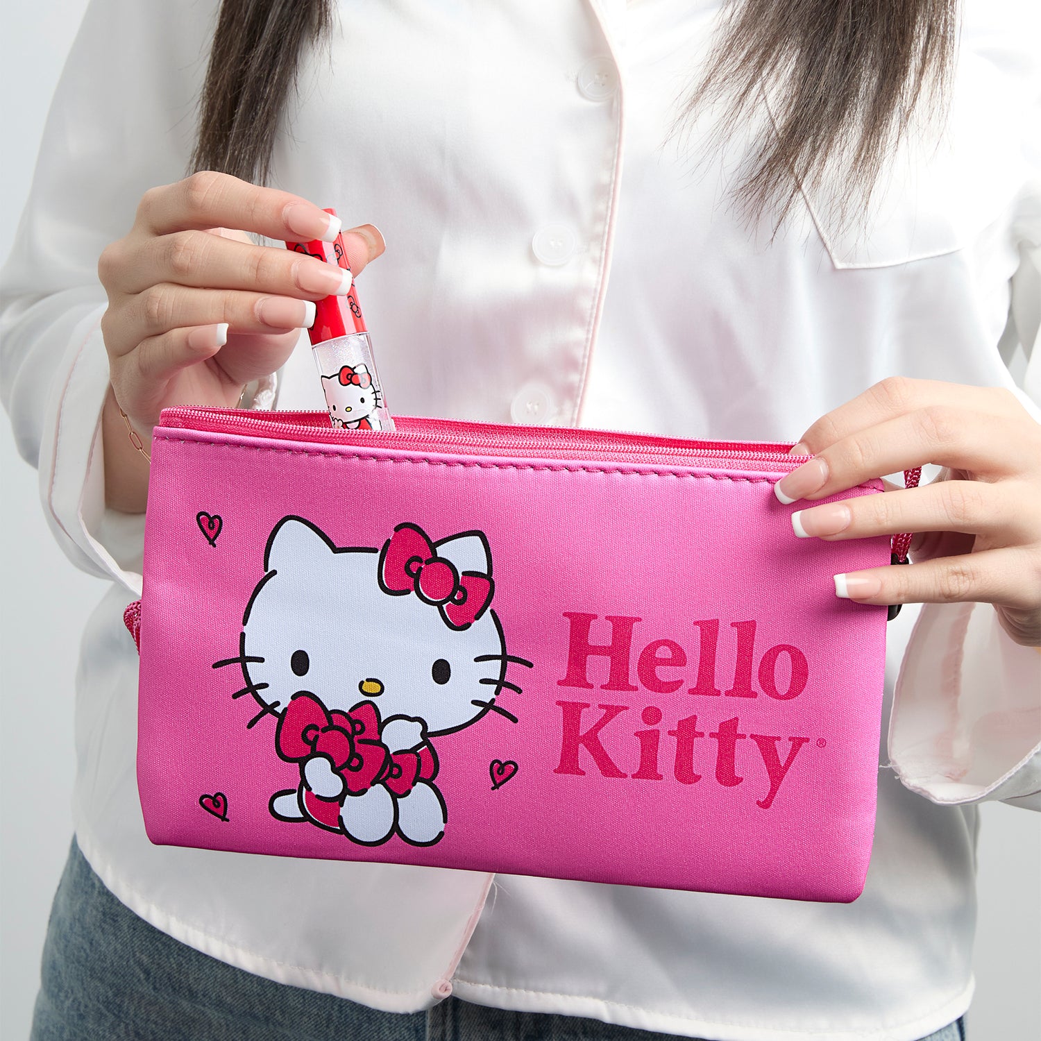 Hello Kitty Makeup Bag Official License, Pink Neoprene Zip Pouch for Travel, Sanrio Travel Gifts