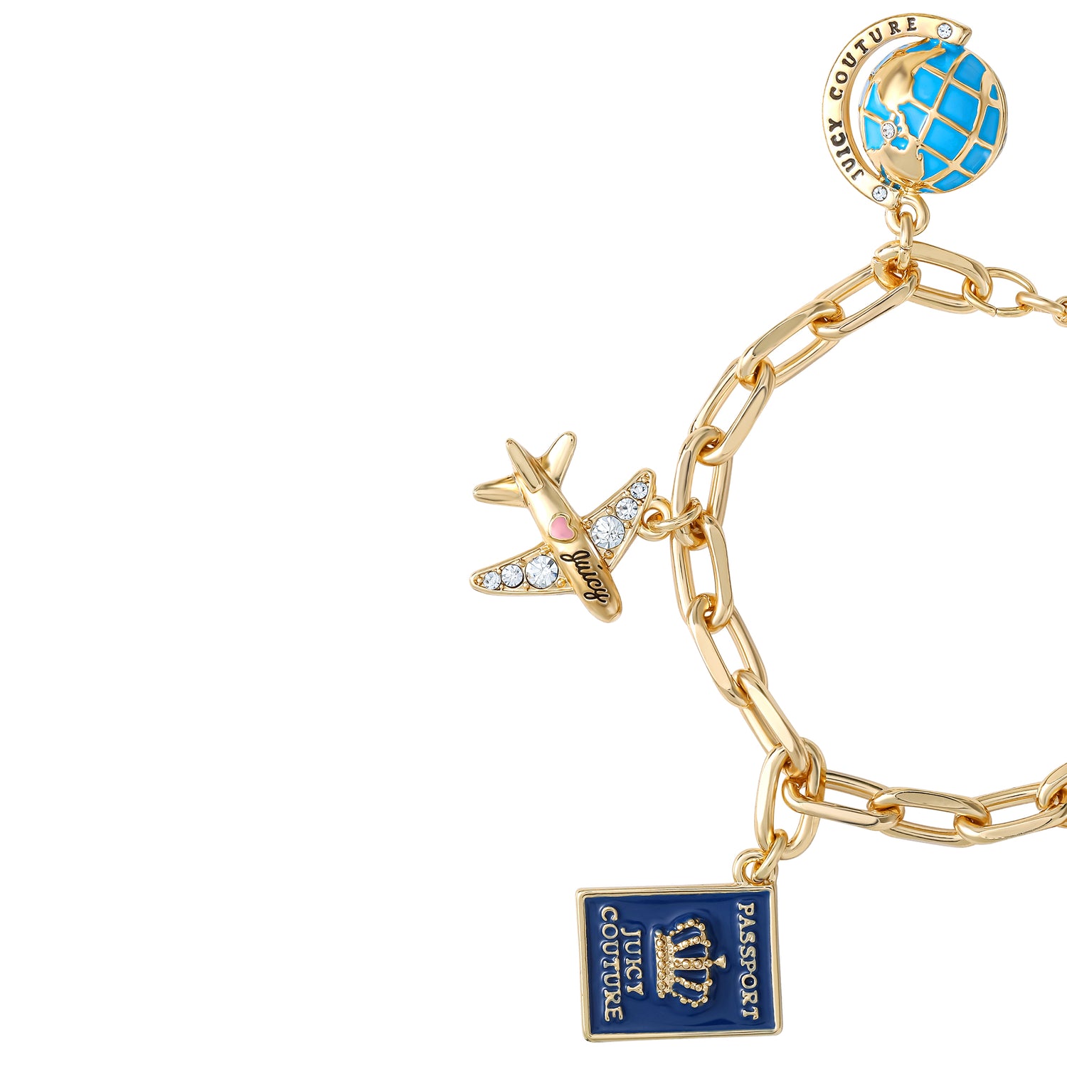 Juicy Couture Travel Icons Charm Bracelet, Gold‑Tone with Blue & Pink Enamel