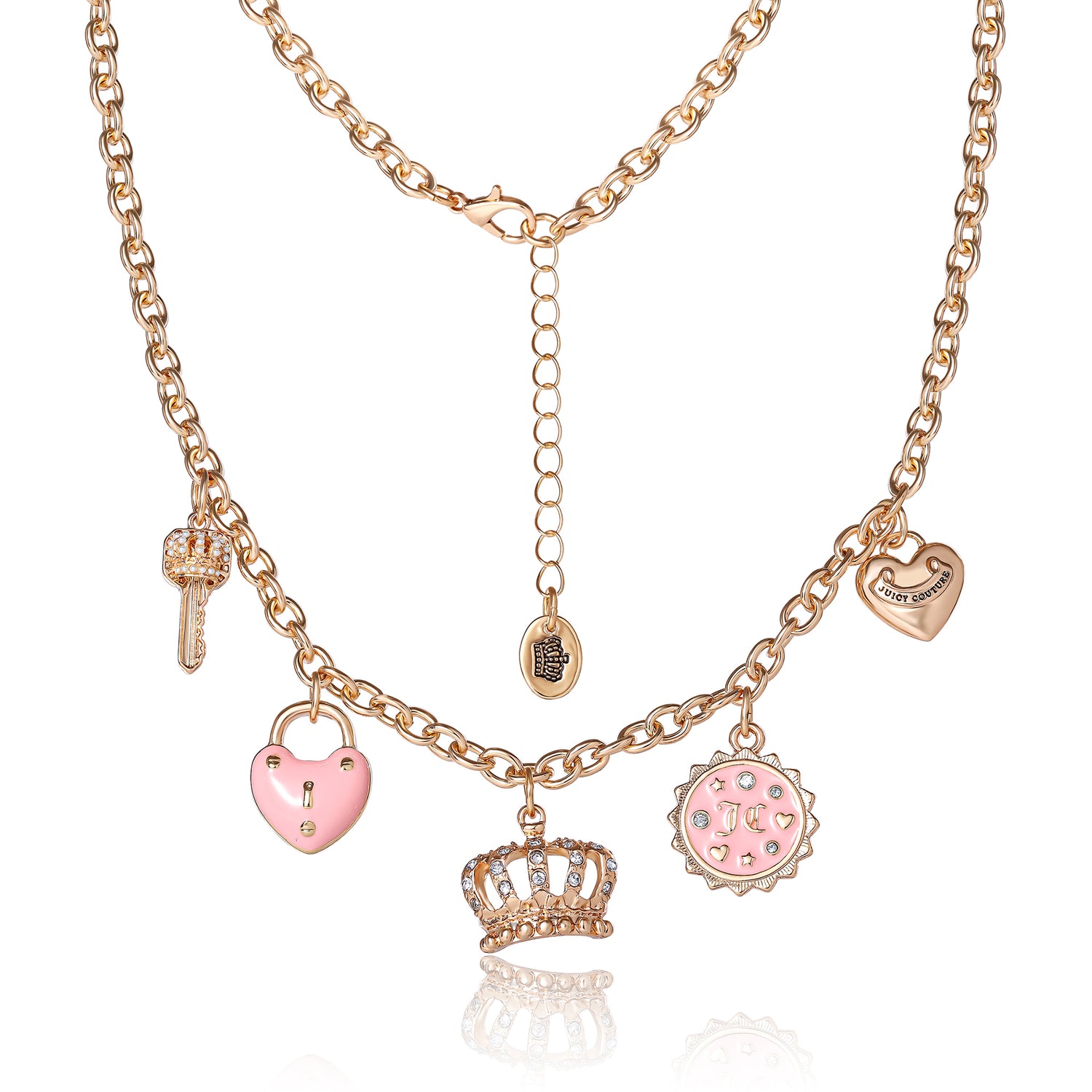Juicy Couture Gold-Tone Charm Necklace with Pink Enamel Accents and Crystal Details