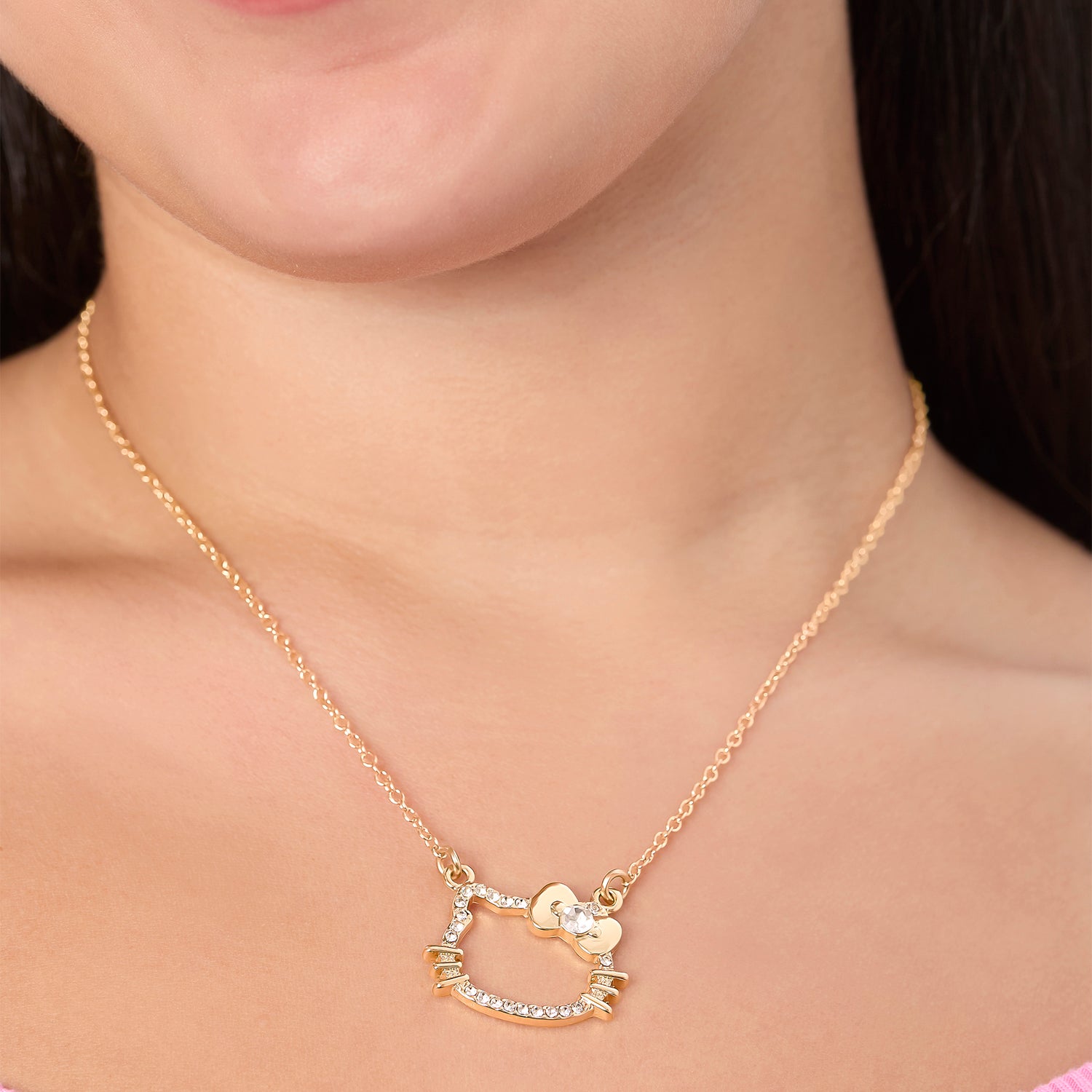Hello Kitty Outline Pendant Necklace with Chain in Gold Tone