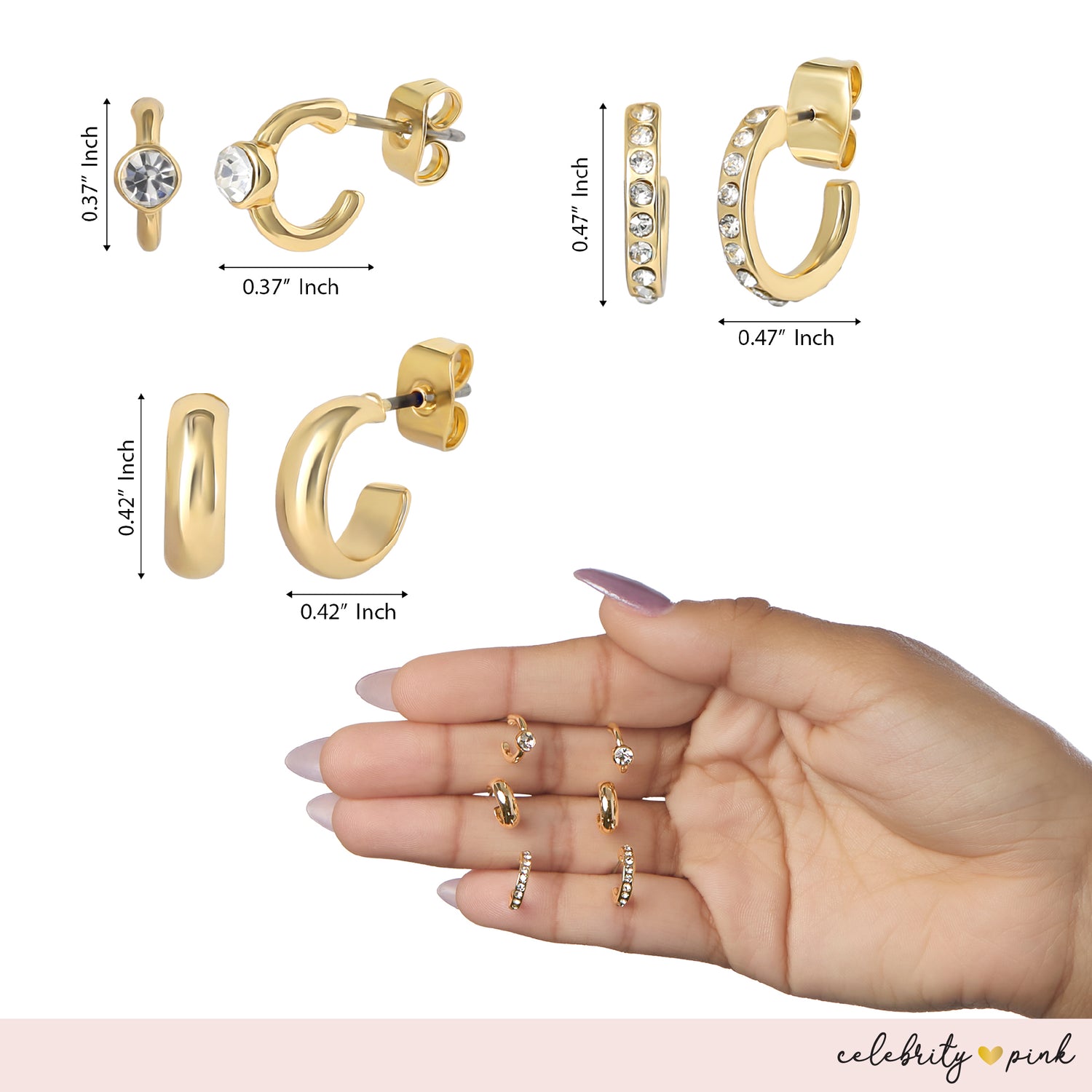 Celebrity Pink Gold-Tone Hoop Earrings for Women 6-Pack with Rhinestones | Small Hoops Yellow Gold-Tone, Rhinestone Accents, Dangling Heart Charm, Star Pendant, Huggie Earrings, 6 Different Pairs