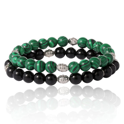 SALLY ROSE Mens Beaded Black Bracelet 2 Pieces, Stretch Mens Bracelets Beads 8mm Black Onyx and Snowflake Obsidian