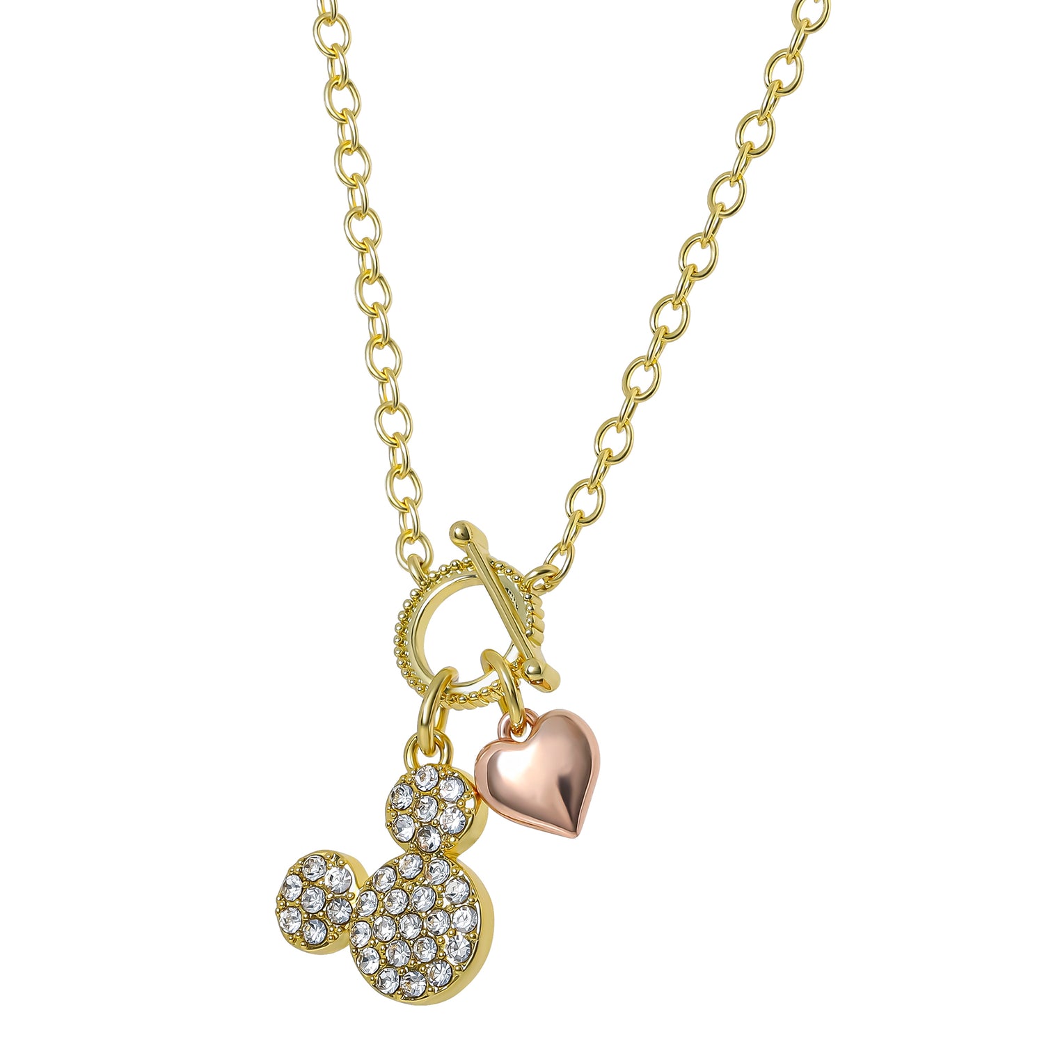Disney Mickey Mouse Necklace 16" + 2", Gold Tone, Clear Crystals