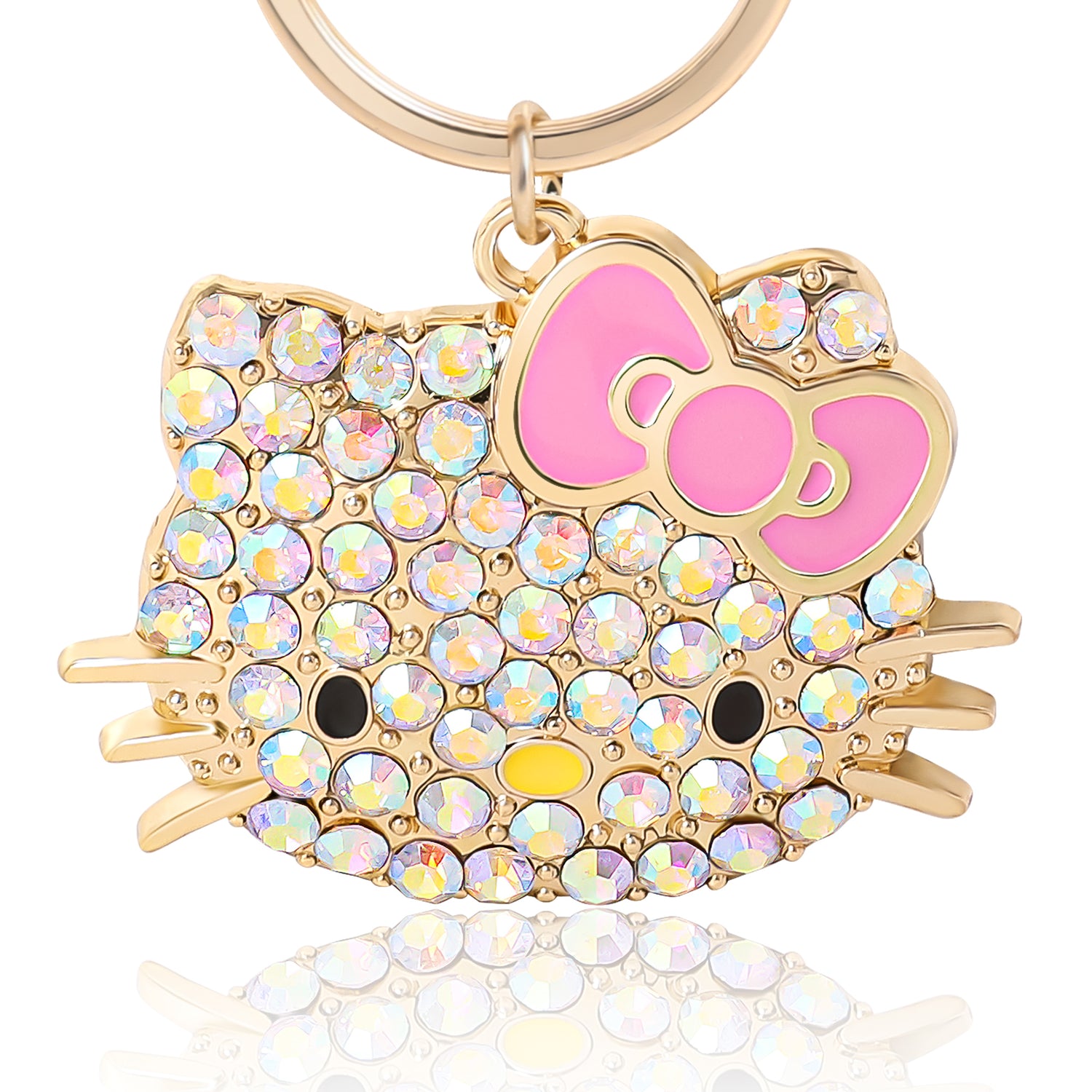 Hello Kitty Keychain with Pink Bow Official License, Pave Crystal Bling Sanrio Keychain with Lobster Clip (Light Pink) - Yellow - Pink AB Crystal