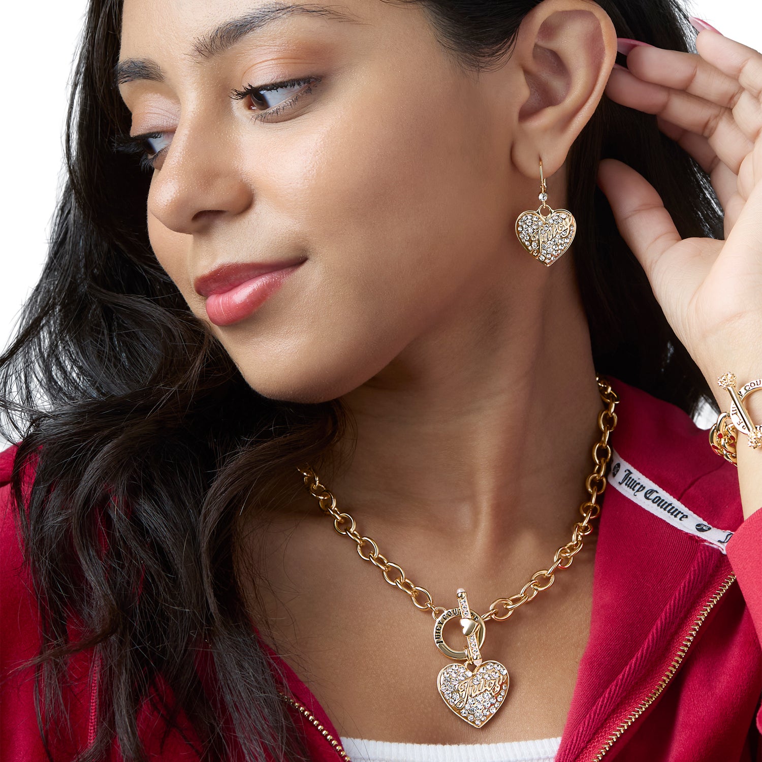 Juicy Couture Crystal Heart Charm Dangle Earrings for Women, Yellow Gold-Tone, Leverback