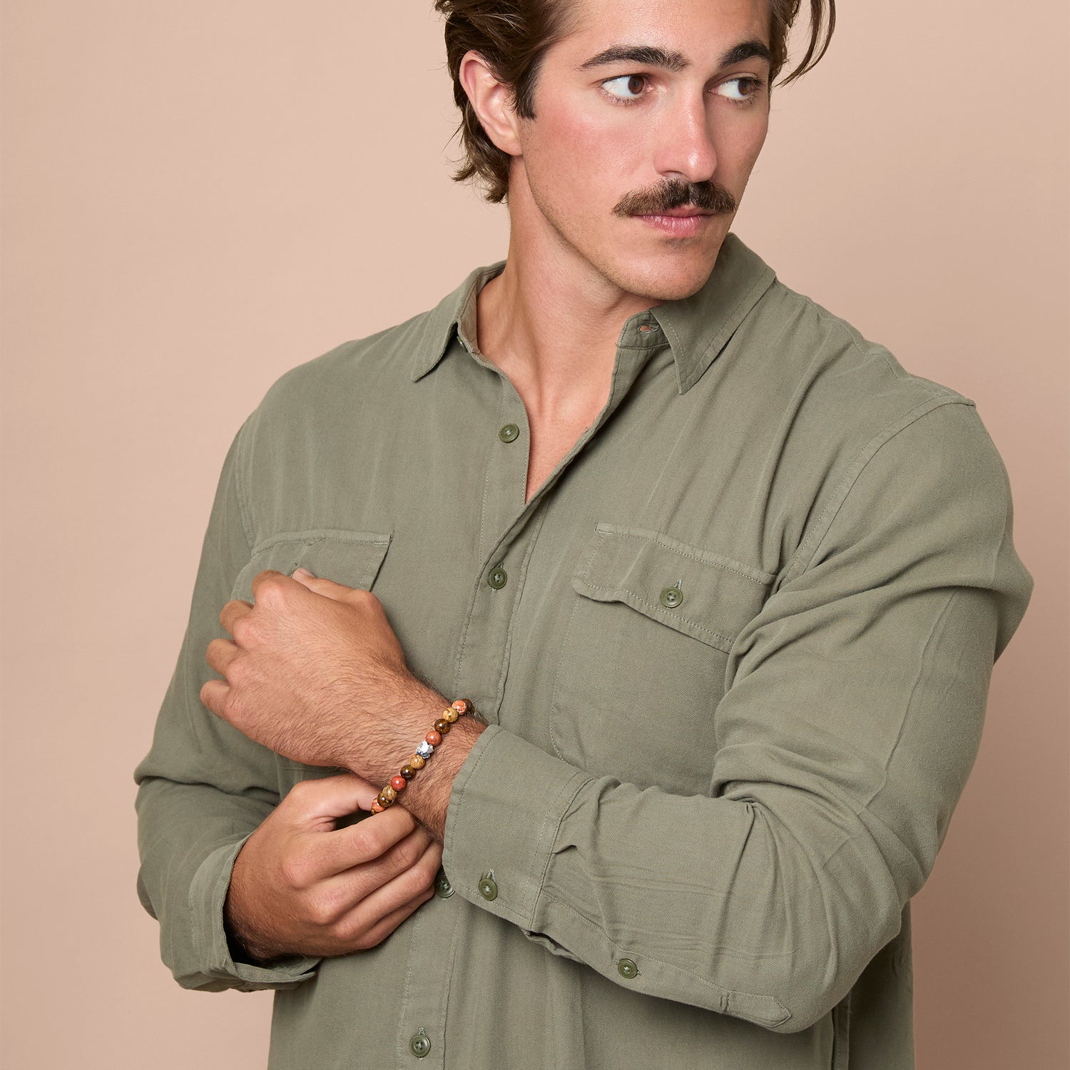 Lucky Brand Red Jasper Mens Bracelet, Stretch Beaded Bracelet for Men with Clover Logo and Jasper Beads