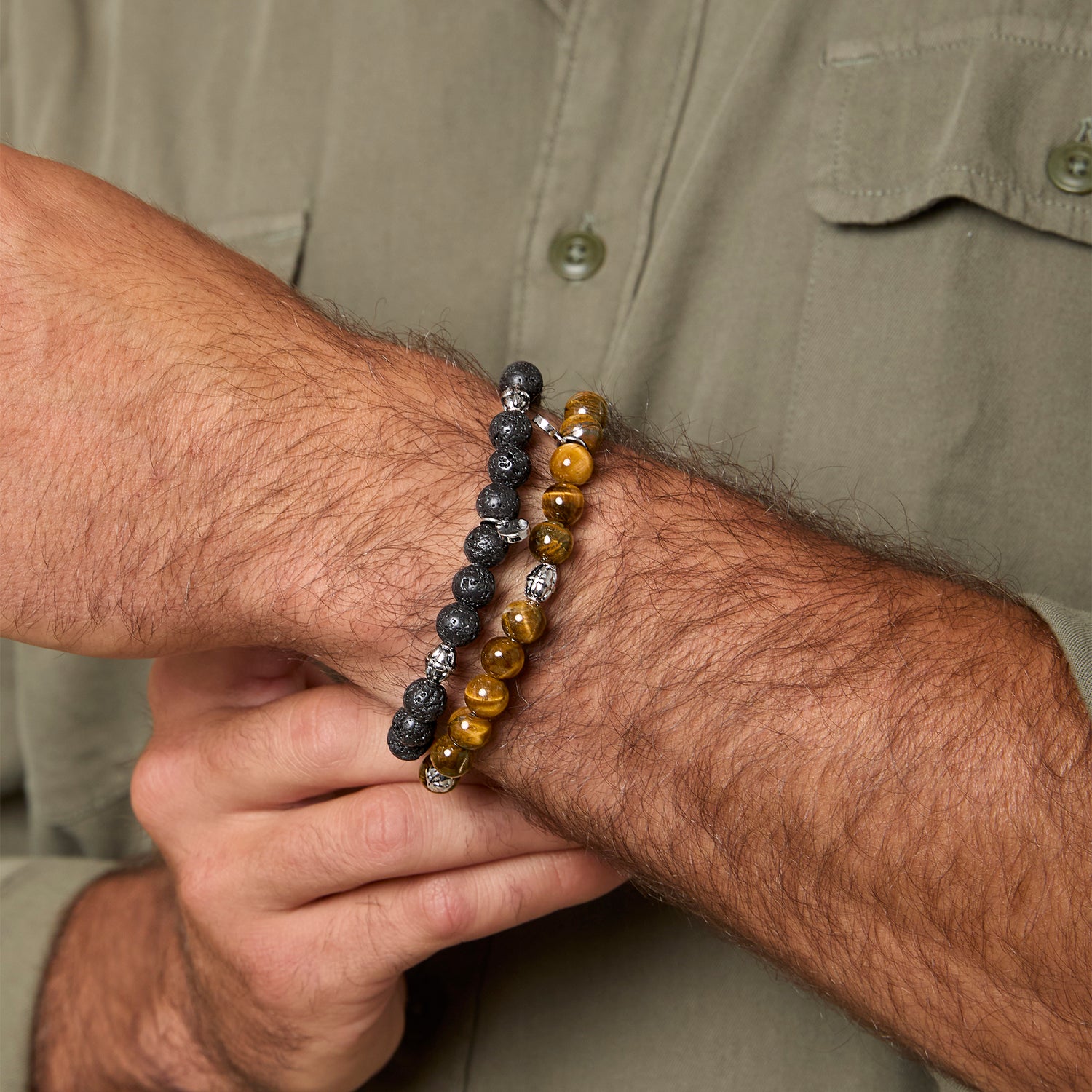 Lucky Brand Beaded Bracelets – Tiger's Eye & Lava Matte Black Stone Stretch Set