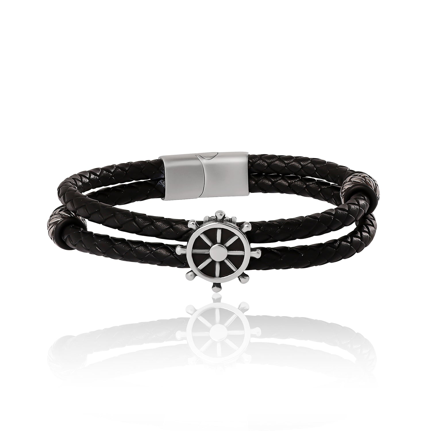 Lucky Brand Mens Nautical Wheel Black Braided Leather Bracelet