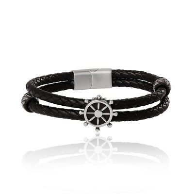 Lucky Brand Mens Nautical Wheel Black Braided Leather Bracelet