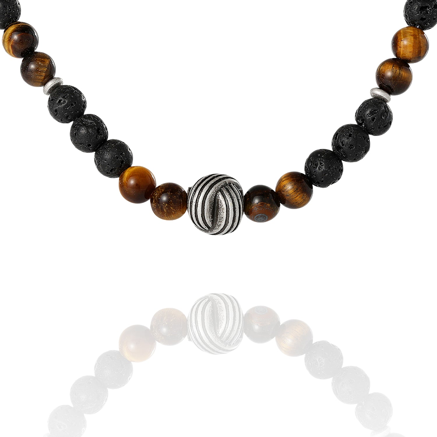 Lucky Brand Men’s Lava Rock & Tiger Eye Beaded Necklace, Silver‑Tone Center Bead