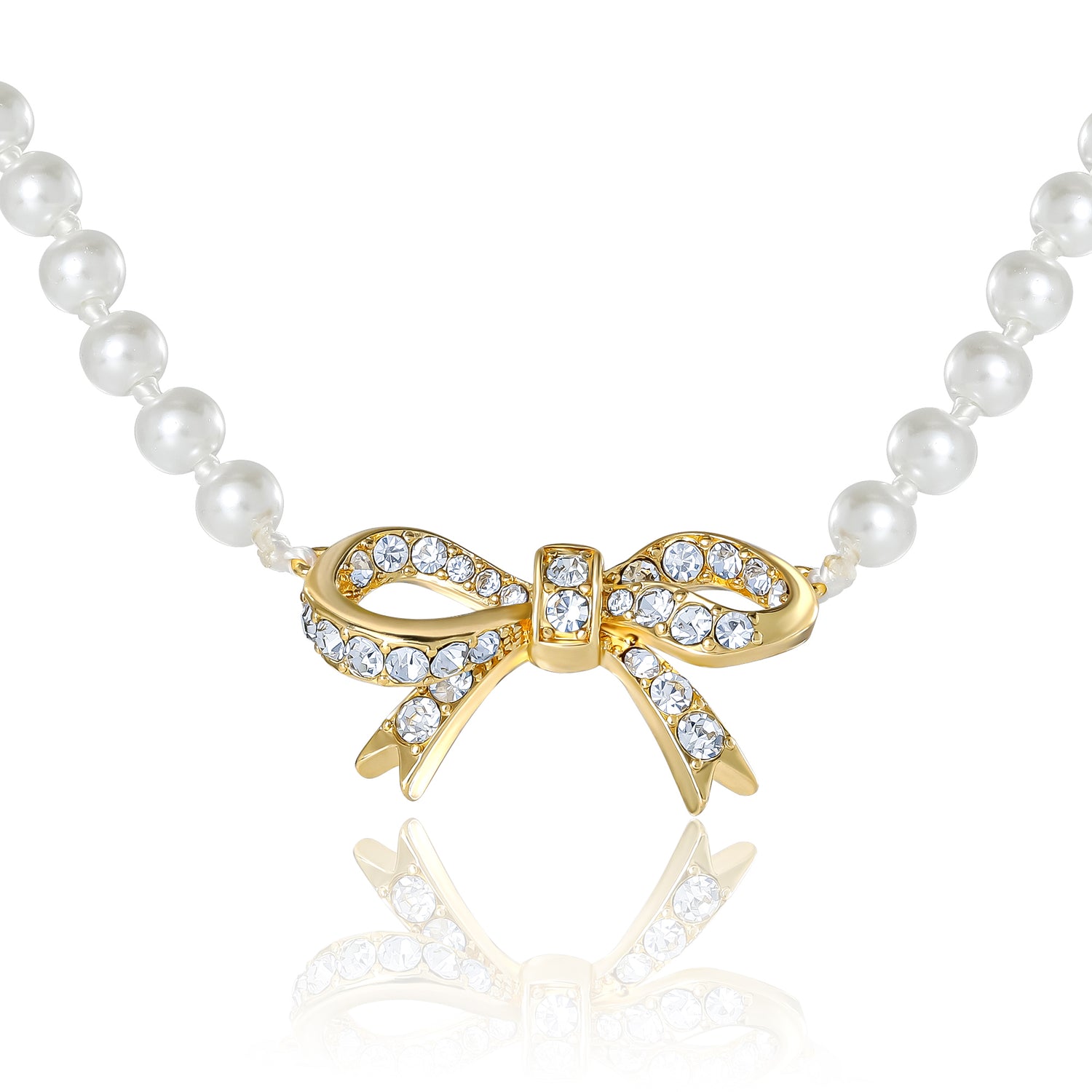 Juicy Couture Pearl Necklace with Pavé Bow, Gold‑Tone Accents