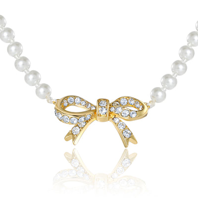 Juicy Couture Pearl Necklace with Pavé Bow, Gold‑Tone Accents