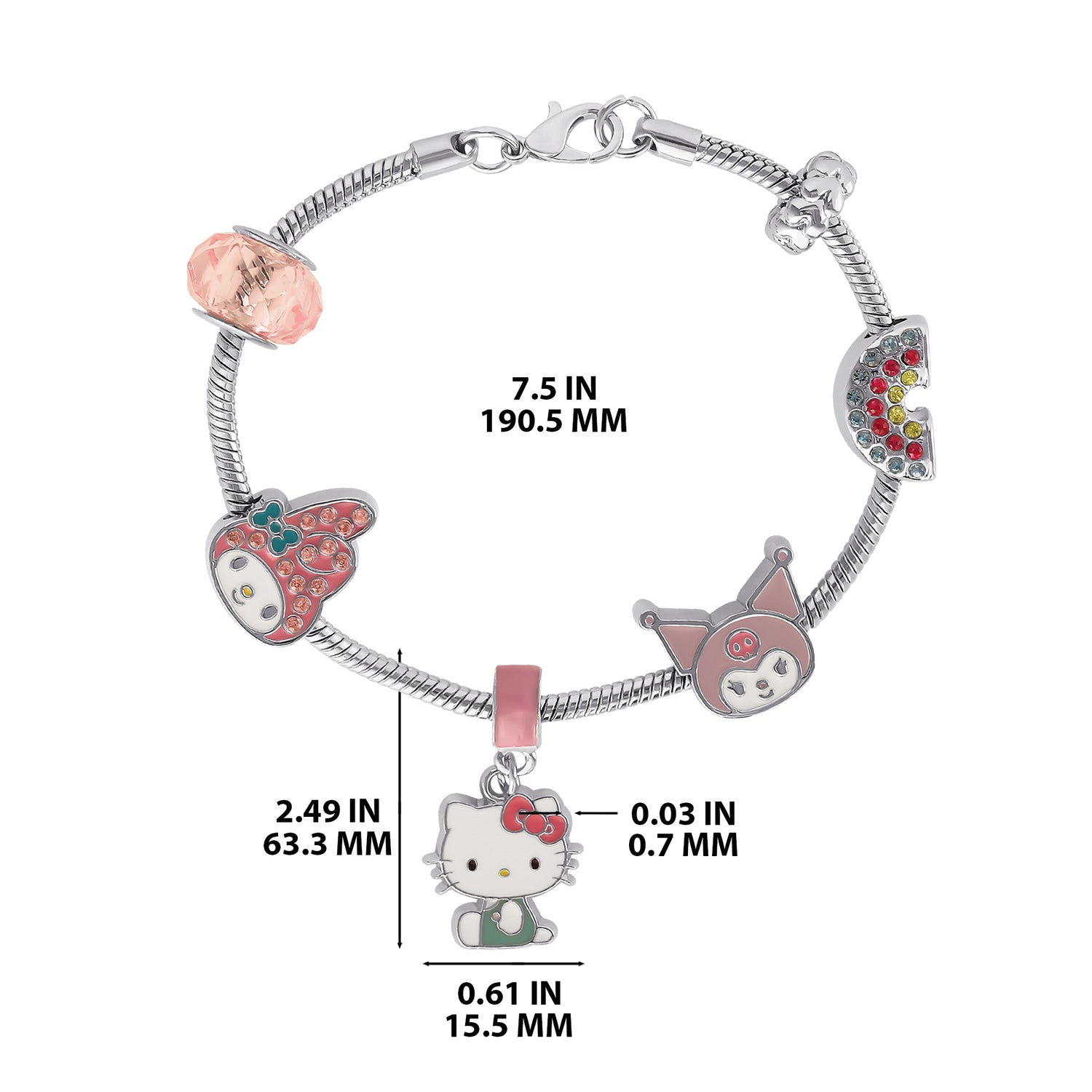 SALLY ROSE Hello Kitty Charm Bracelet for Women, 7" Fashion Sanrio Bracelet with 6 Unique Charms Official License