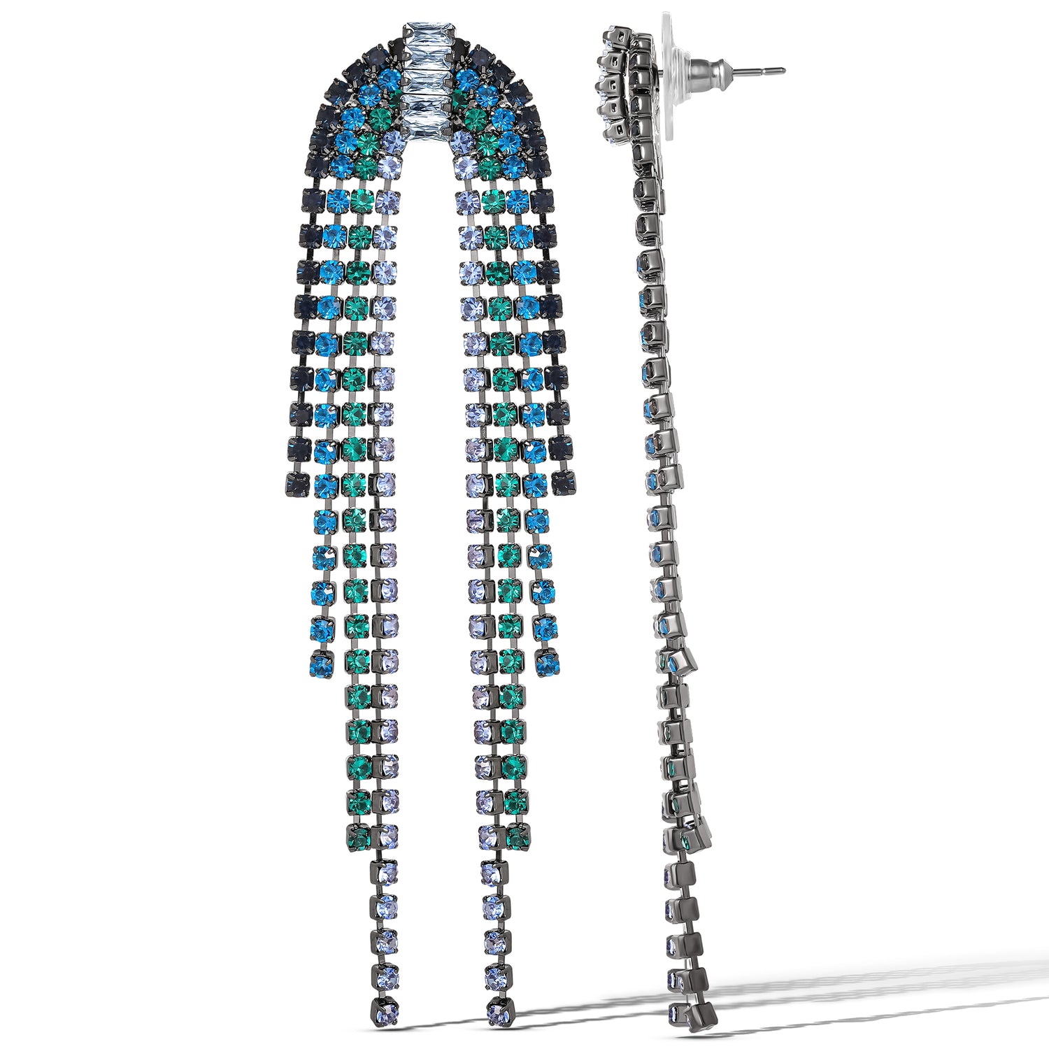 Jessica Simpson Dark Teal Rhinestone Cascading Fringe Earrings - Statement Long Dangle Earrings