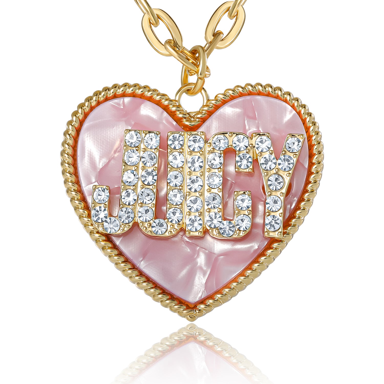 Juicy Couture ‘JUICY’ Heart Pendant Necklace, Gold‑Tone with Pink Enamel