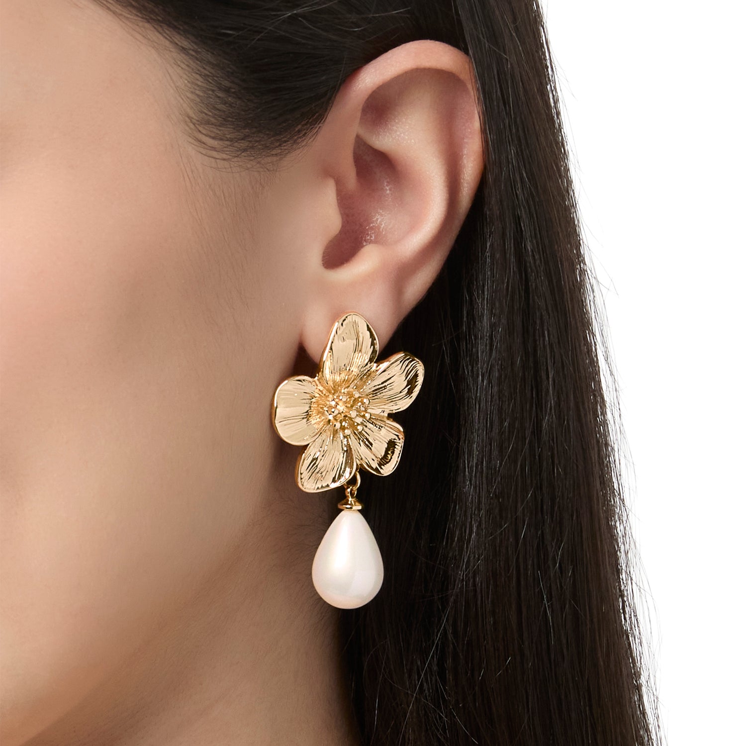 Jessica Simpson Gold-Tone Flower Earrings with Dangling Faux Pearl, Drop Earrings for Women