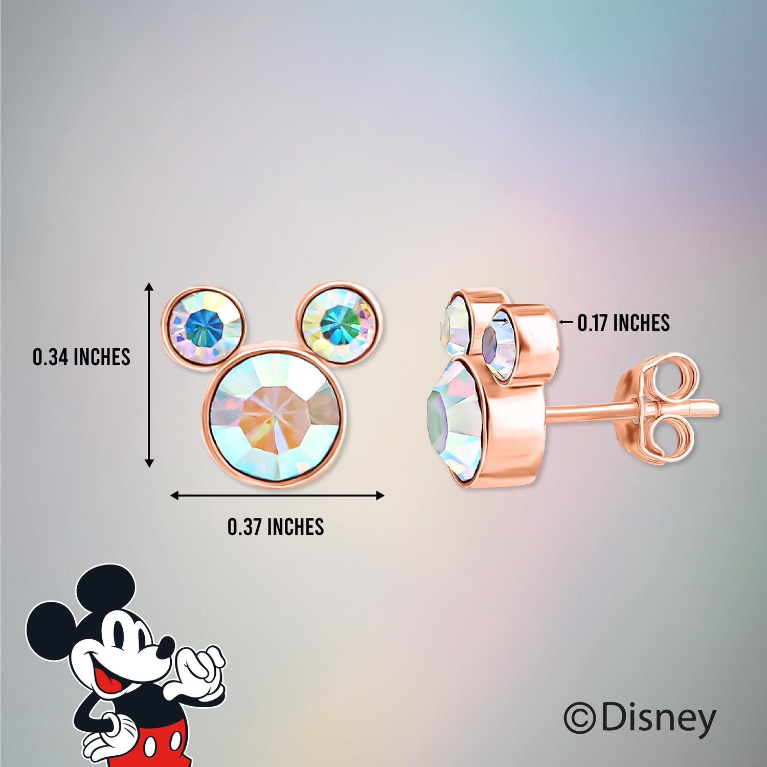 Disney Mickey Mouse Aurora Boreal Crystal Stud Earrings, Flash-Plated Earrings Official License