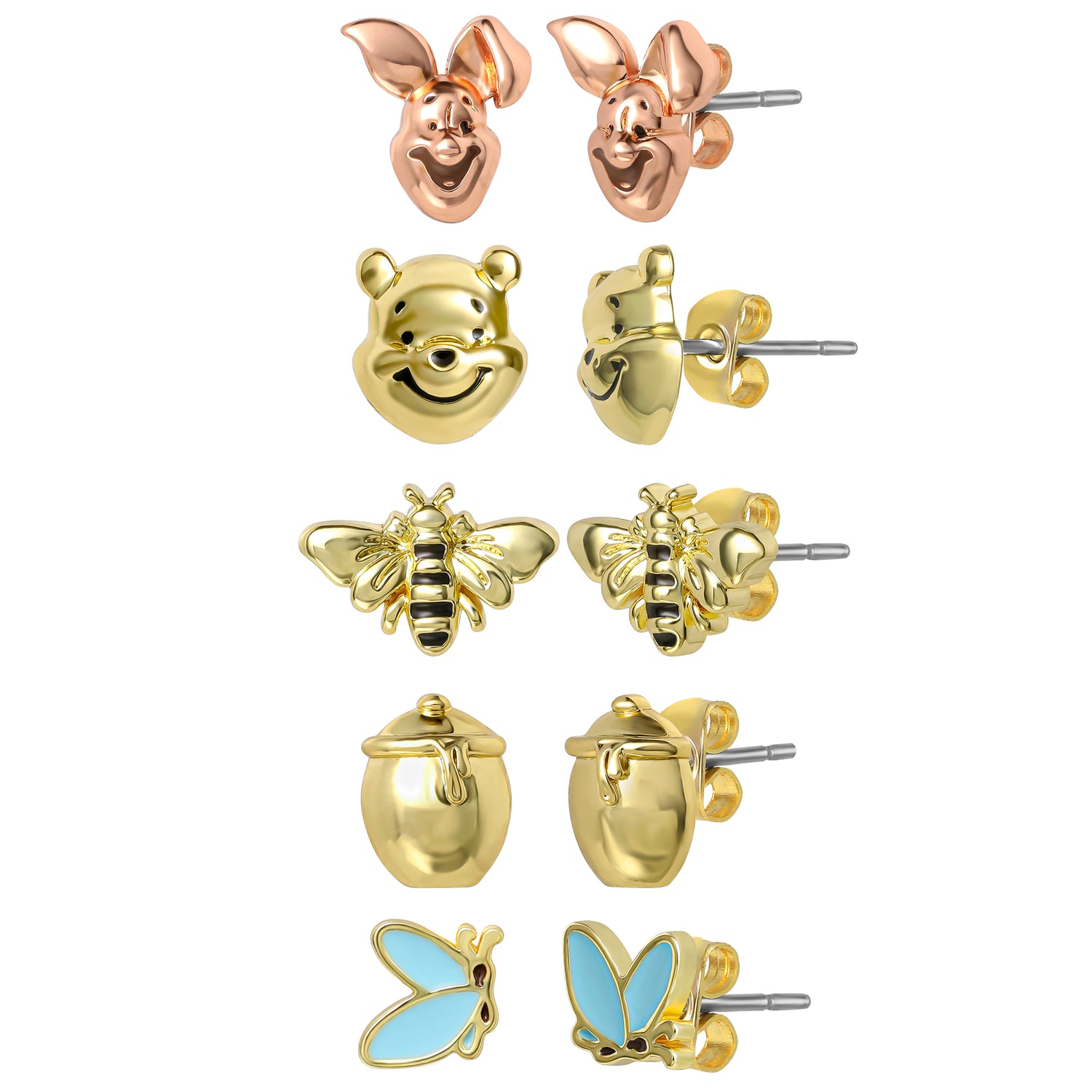 Winnie the Pooh Earrings Pack of 5 Official License, 18k Gold Flash Plate