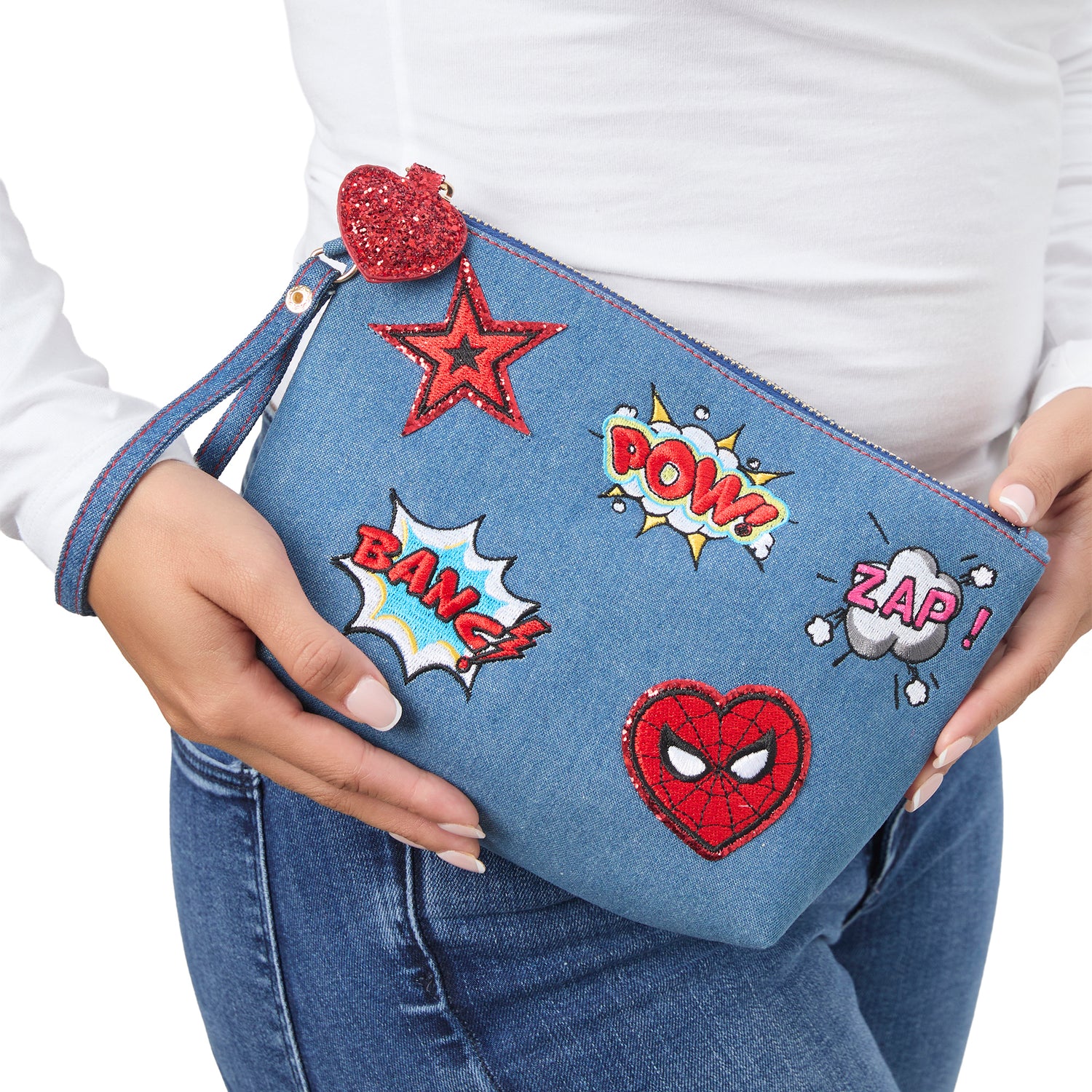 Marvel SpiderMan Denim Patch Cosmetic Pouch with Comic Pop Embellishments