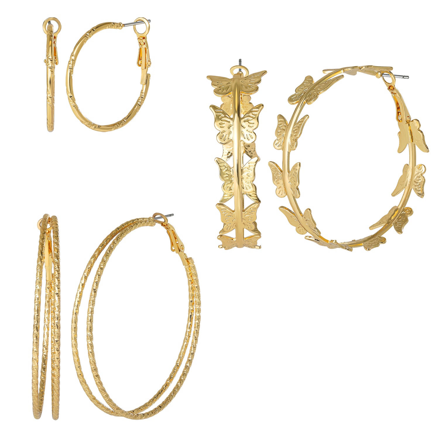 Jessica Simpson 3-Piece Gold-Tone Hoop Earring Set with Butterfly Details