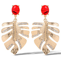 Jessica Simpson Gold-Tone Tropical Leaf Drop Earrings with Red Accents – Statement Earrings with Crystal Detailing
