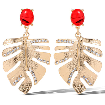 Jessica Simpson Gold-Tone Tropical Leaf Drop Earrings with Red Accents – Statement Earrings with Crystal Detailing