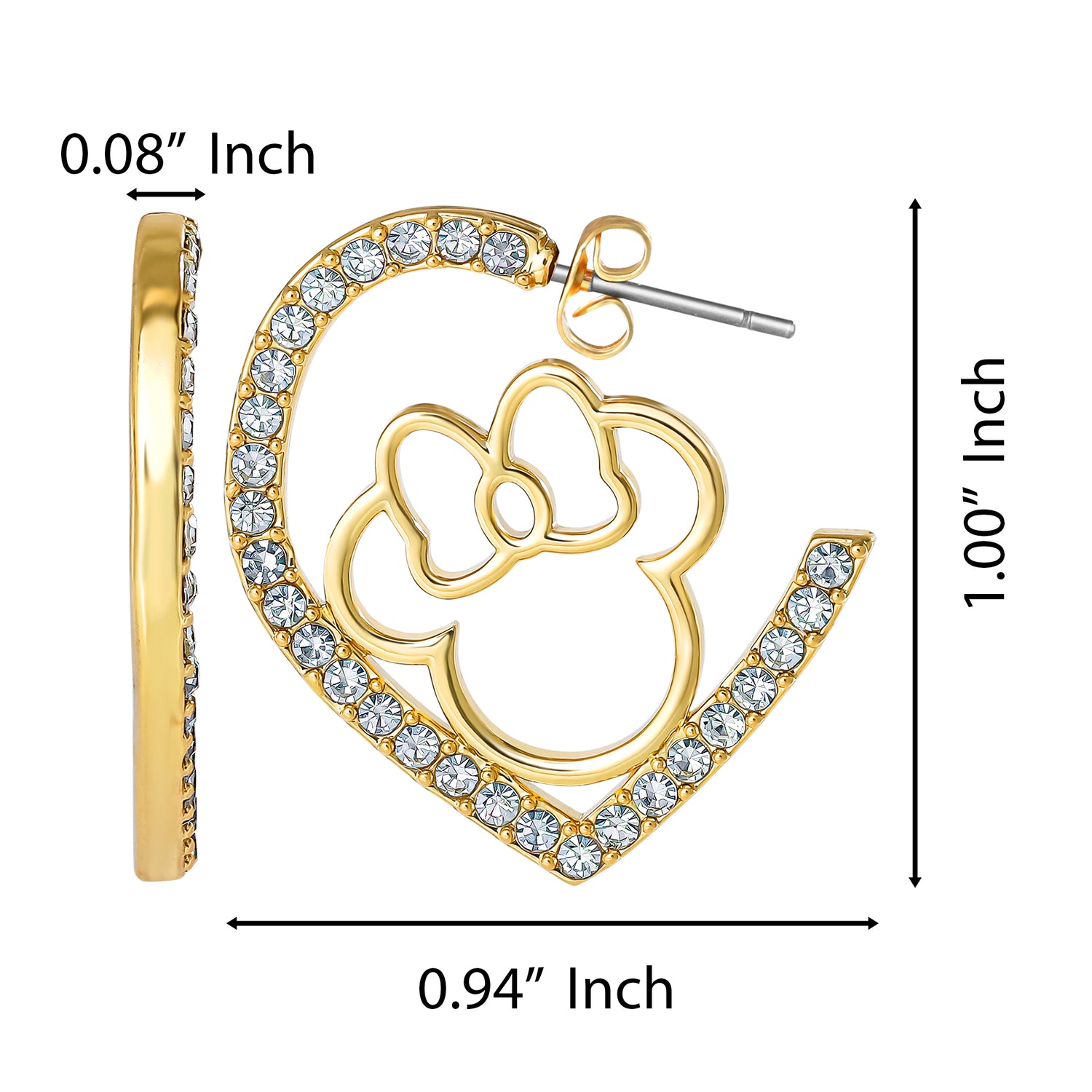 Disney Minnie Mouse Heart Earrings, Gold-Tone Outline with Crystal Pavé