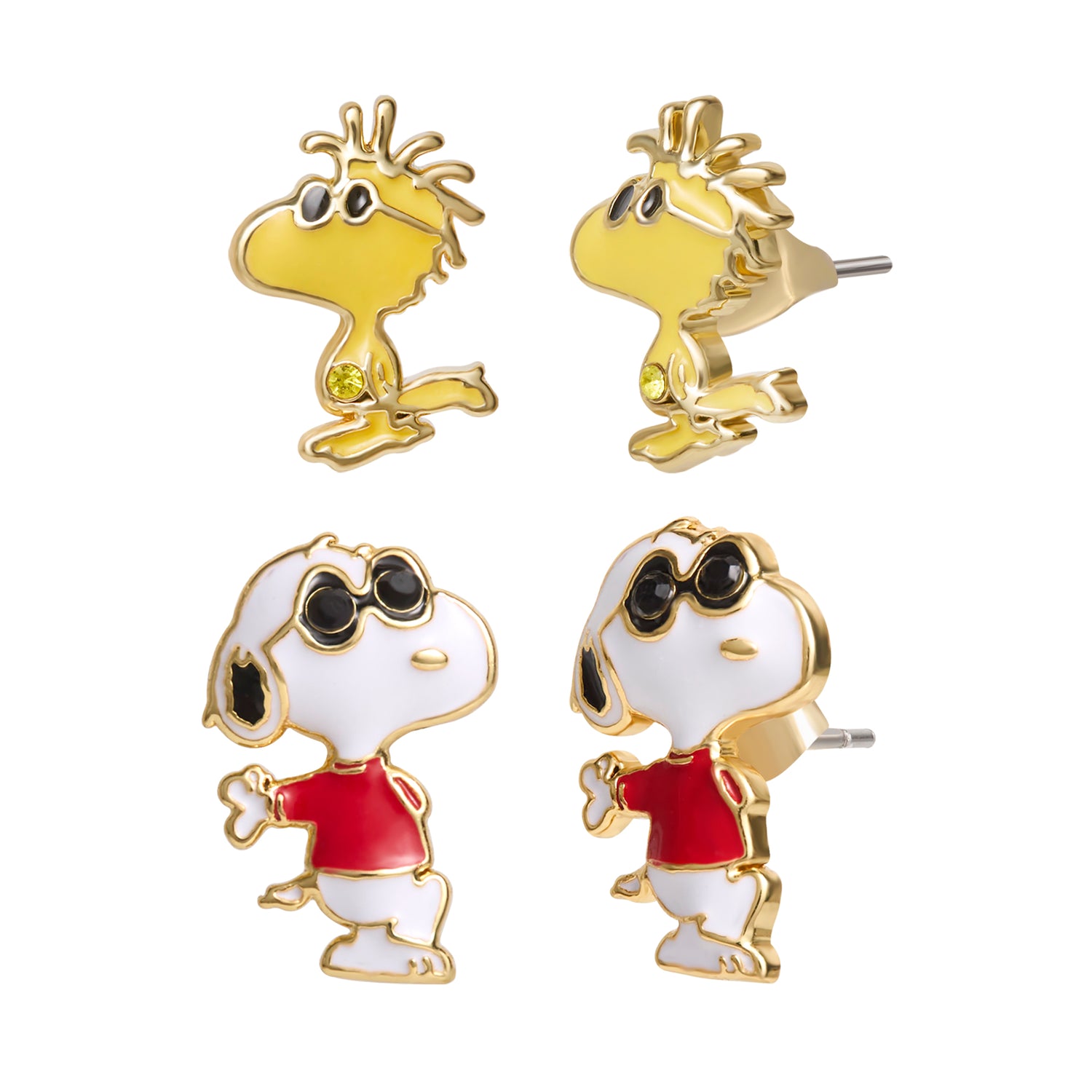 Peanuts Woodstock and Snoopy Earrings 2 Pairs, 18k Gold Flash Plated