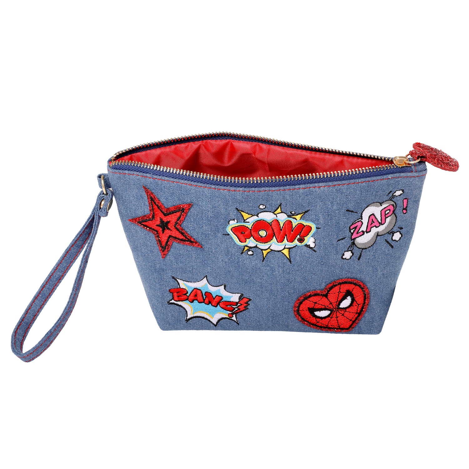 Marvel SpiderMan Denim Patch Cosmetic Pouch with Comic Pop Embellishments