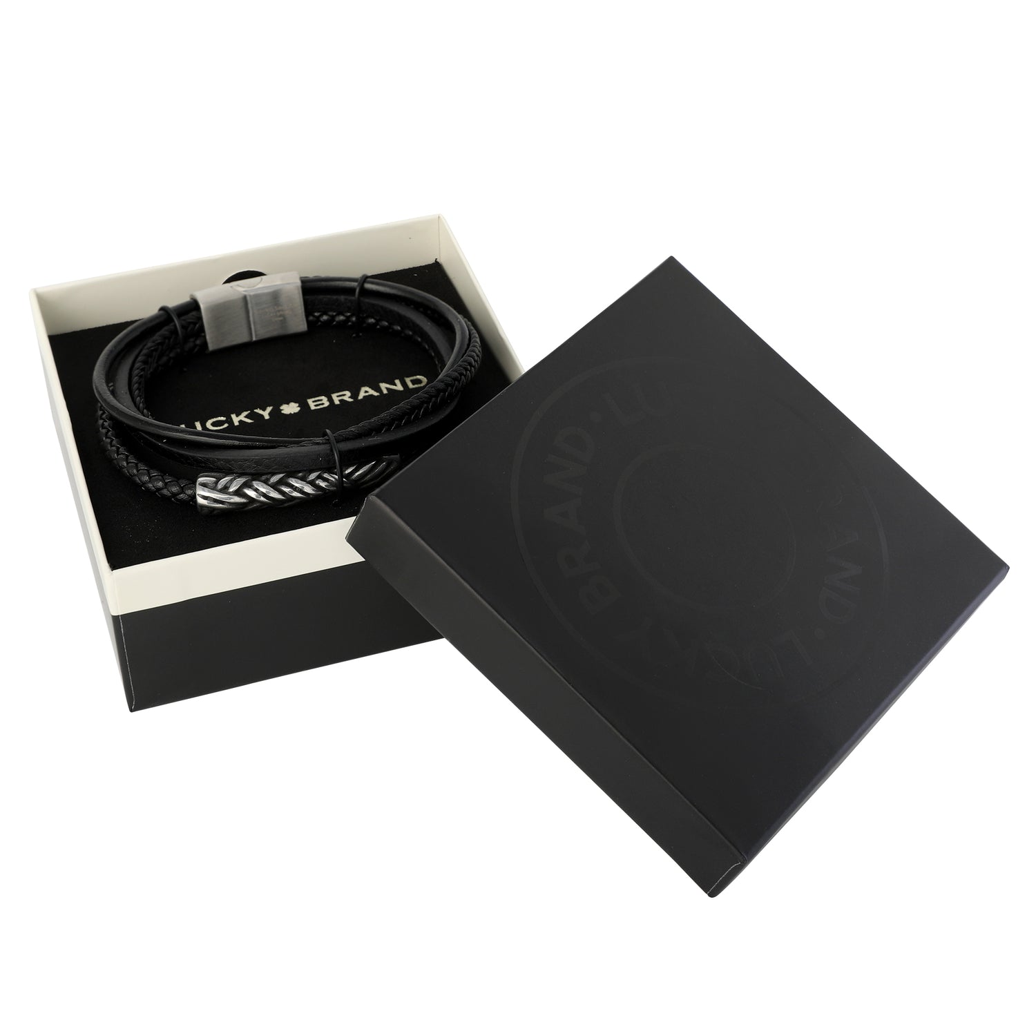 Lucky Brand Men’s Multi‑Row 8'' Bracelet with Braided Barrel, Black