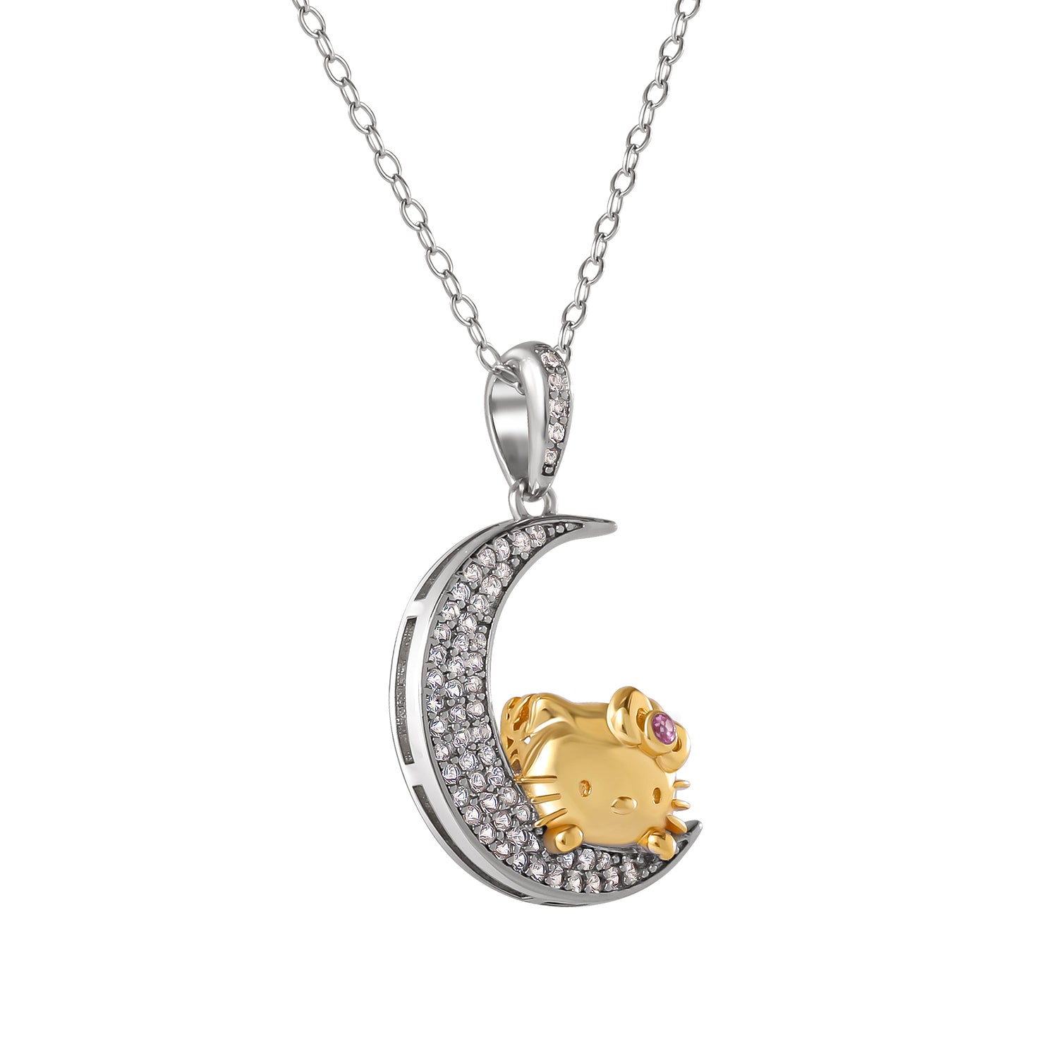 Hello Kitty on the Moon Pendant Necklace 18", Two-Tone Plated Sterling Silver with Created Sapphire, Official License