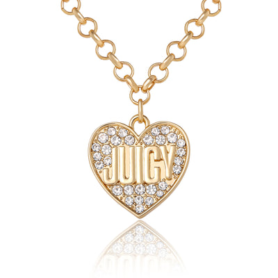 Juicy Couture Pave Logo Heart Necklace, 18"+2" Gold-Tone JUICY Necklace for Women with Glass Stones