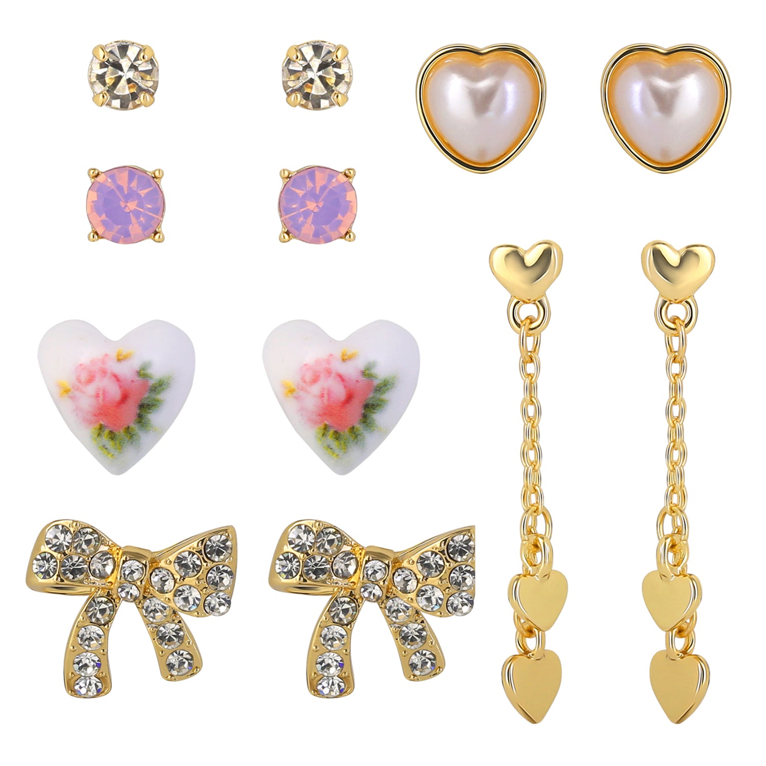 Celebrity Pink Gold-Tone Heart Stud Earrings and Dangle Earrings Pack of 6 | 6-Pack, Gold Studs and Drop Heart Earrings, Feminine Jewelry