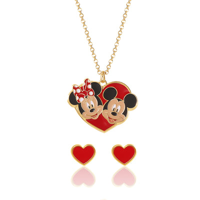 Disney Mickey & Minnie Heart Necklace and Stud Earrings Set