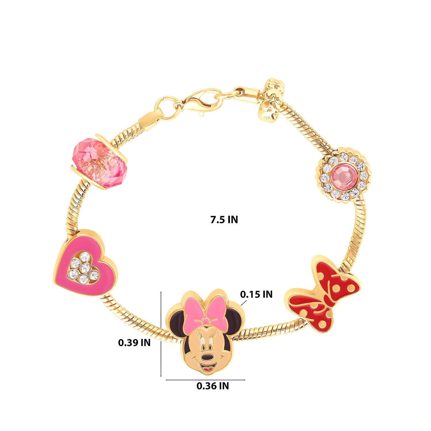 Minnie Mouse Bracelet for Women, 7" Gold-Tone Disney Charm Bracelet with 6 Unique Charms Official License